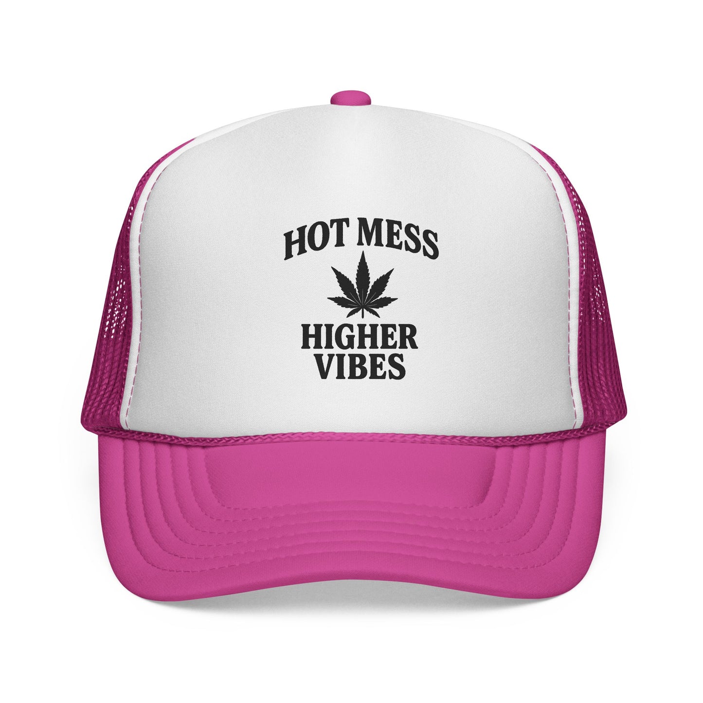 Hot Mess Higher Vibes Trucker Hat | Funny Stoner Mesh Cap | Cannabis Leaf Snapback | 420 Gift for Her & Him