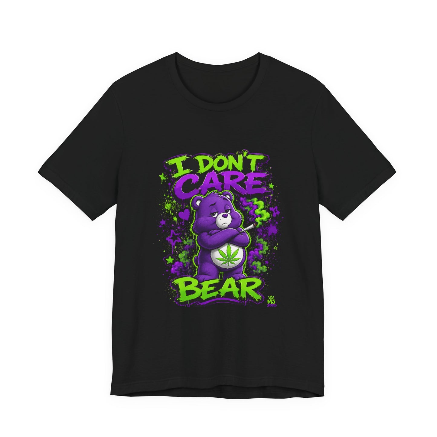 I Don't Care Bear Cannabis Graphic T-Shirt | Funny 420 Streetwear Tee | Purple Neon Stoner Shirt