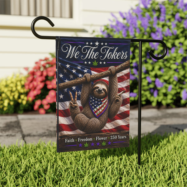 Garden Flag - "We The Tokers" Sloth with American Flag, Patriotic Cannabis Garden Banner