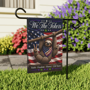 Garden Flag - "We The Tokers" Sloth with American Flag, Patriotic Cannabis Garden Banner
