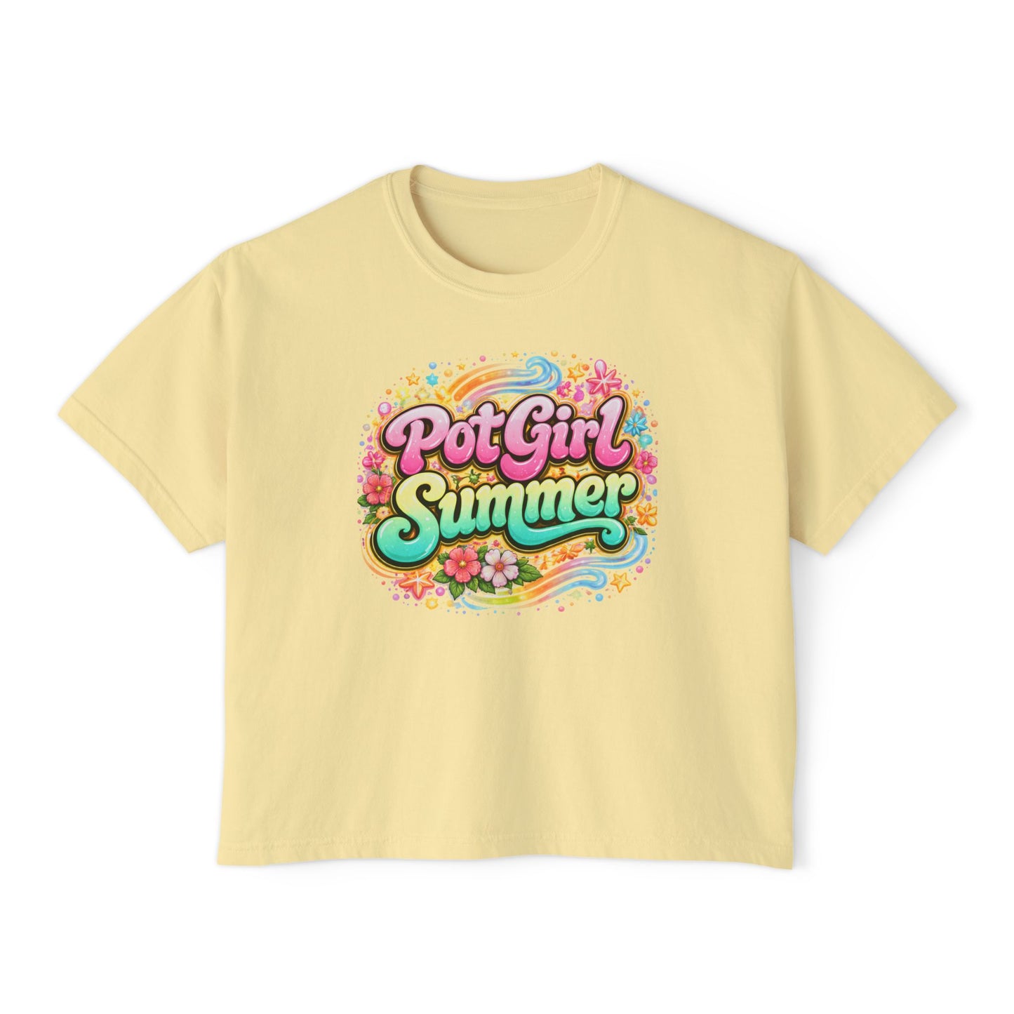 Pot Girl Summer Boxy Tee – Trendy Cannabis Summer Graphic Shirt, Festival Weed Apparel, Stoner Girl Streetwear Crop Tee