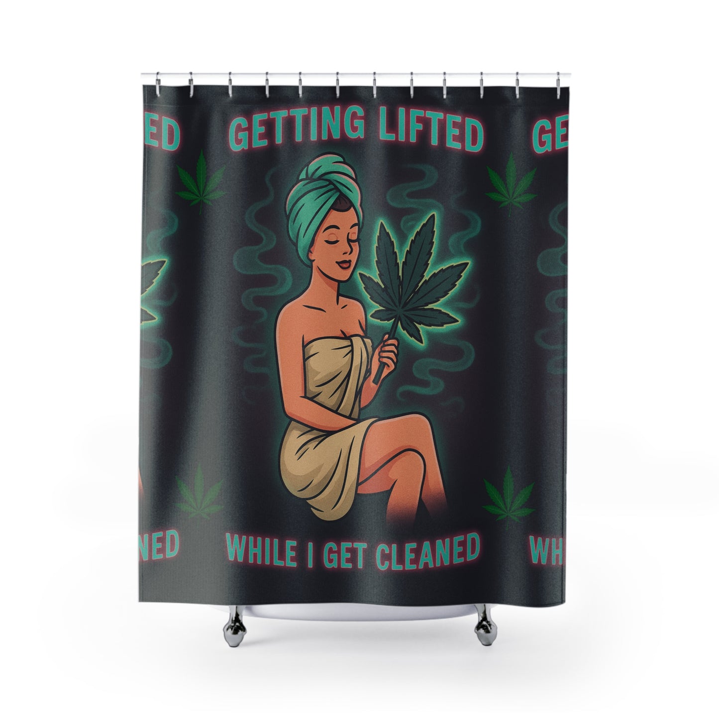 Retro Mary Jane Pin-Up Shower Curtain – “Getting Lifted While I Get Cleaned” – Cannabis Bathroom Decor