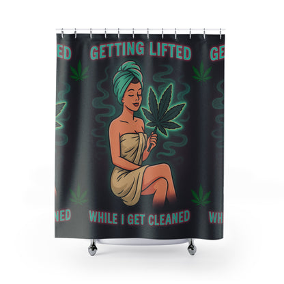 Retro Mary Jane Pin-Up Shower Curtain – “Getting Lifted While I Get Cleaned” – Cannabis Bathroom Decor