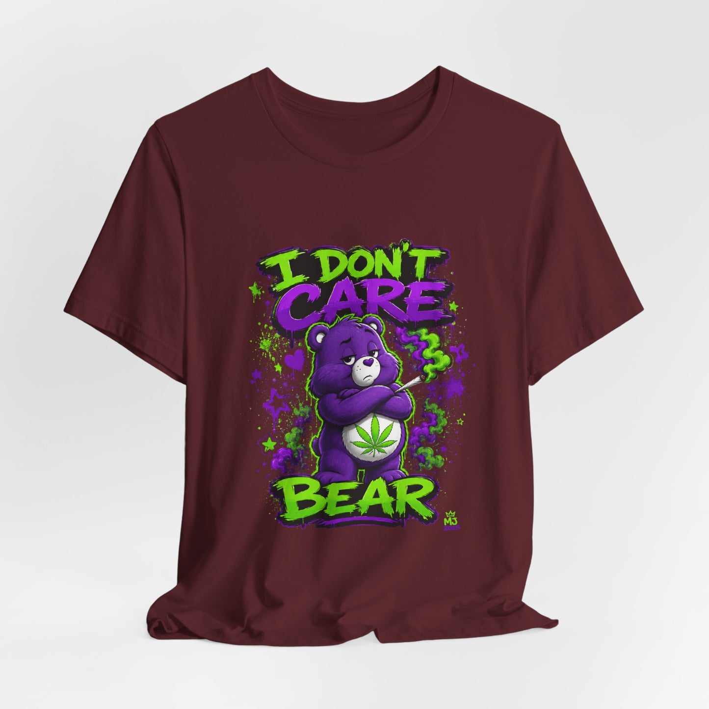 I Don't Care Bear Cannabis Graphic T-Shirt | Funny 420 Streetwear Tee | Purple Neon Stoner Shirt