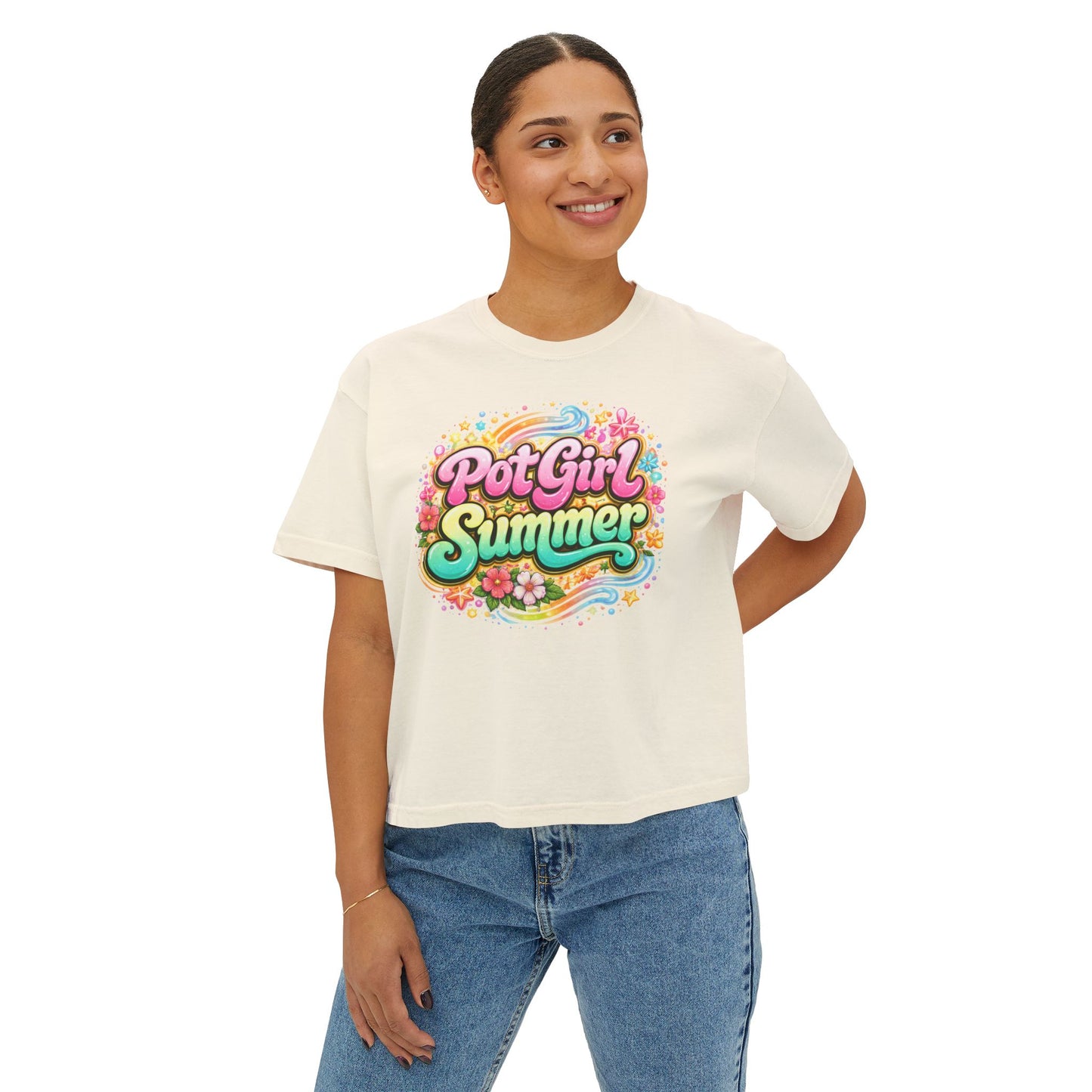 Pot Girl Summer Boxy Tee – Trendy Cannabis Summer Graphic Shirt, Festival Weed Apparel, Stoner Girl Streetwear Crop Tee