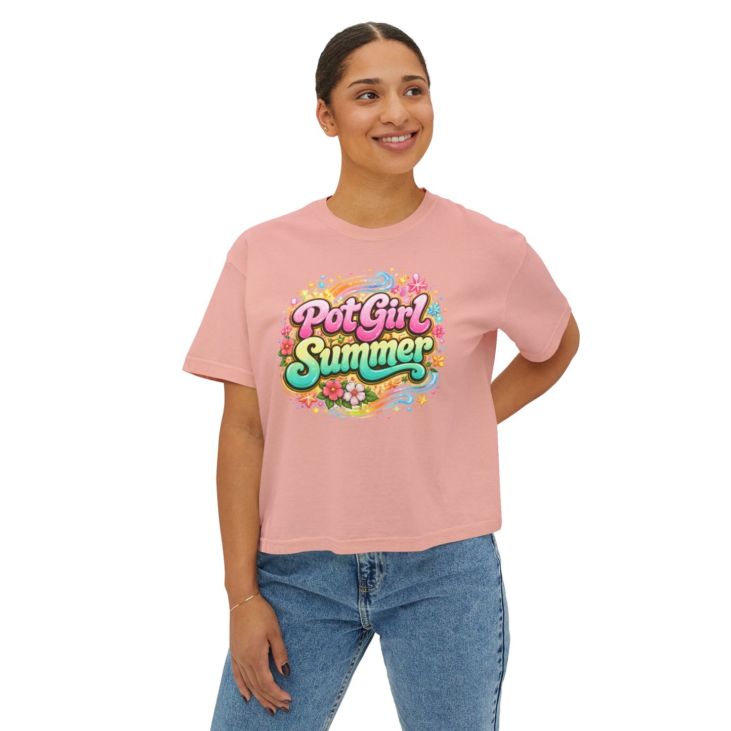 Pot Girl Summer Boxy Tee – Trendy Cannabis Summer Graphic Shirt, Festival Weed Apparel, Stoner Girl Streetwear Crop Tee