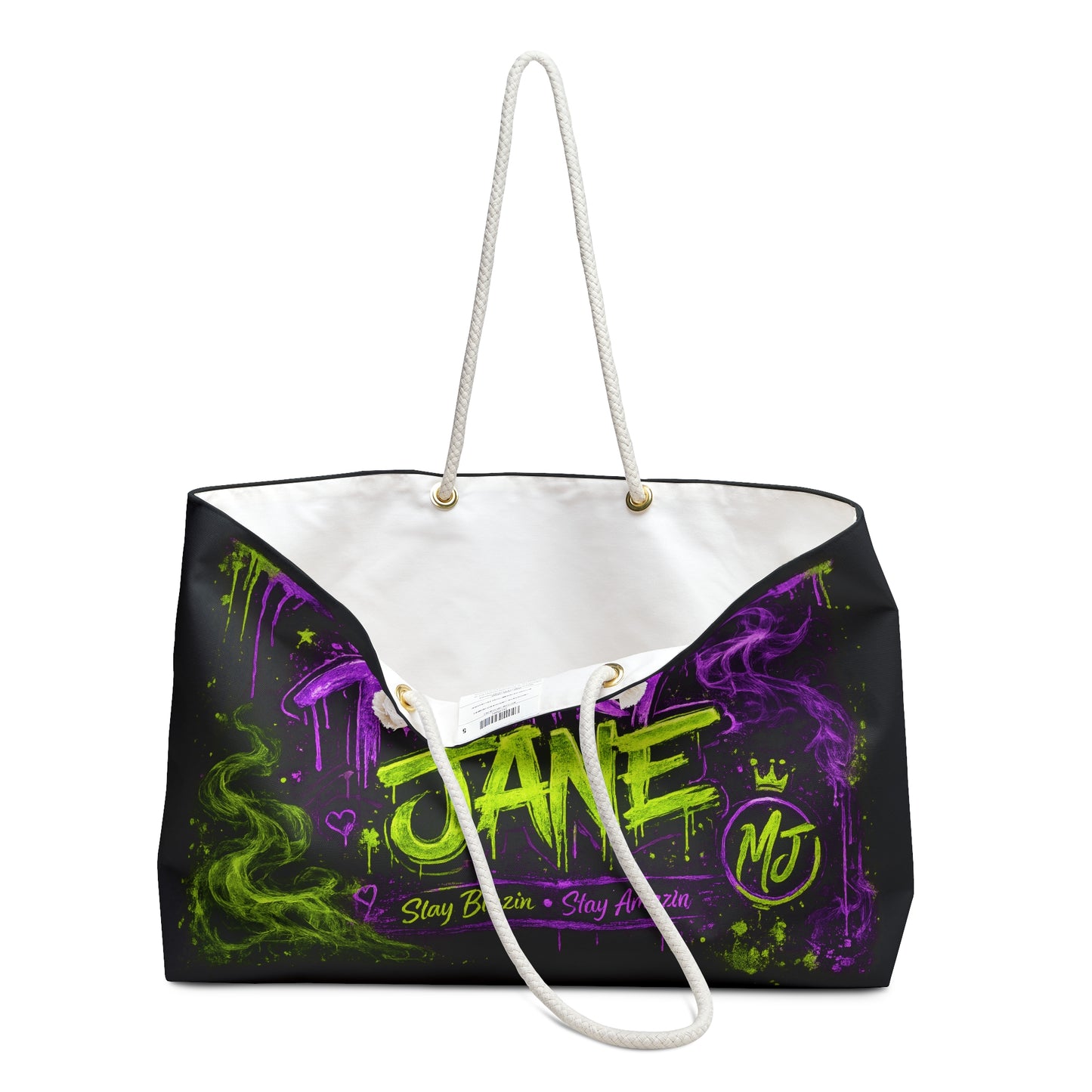 Mary Jane Neon Graffiti Weekender Bag | Purple & Green Cannabis Travel Tote | Stay Blazin Stay Amazin Overnight Bag