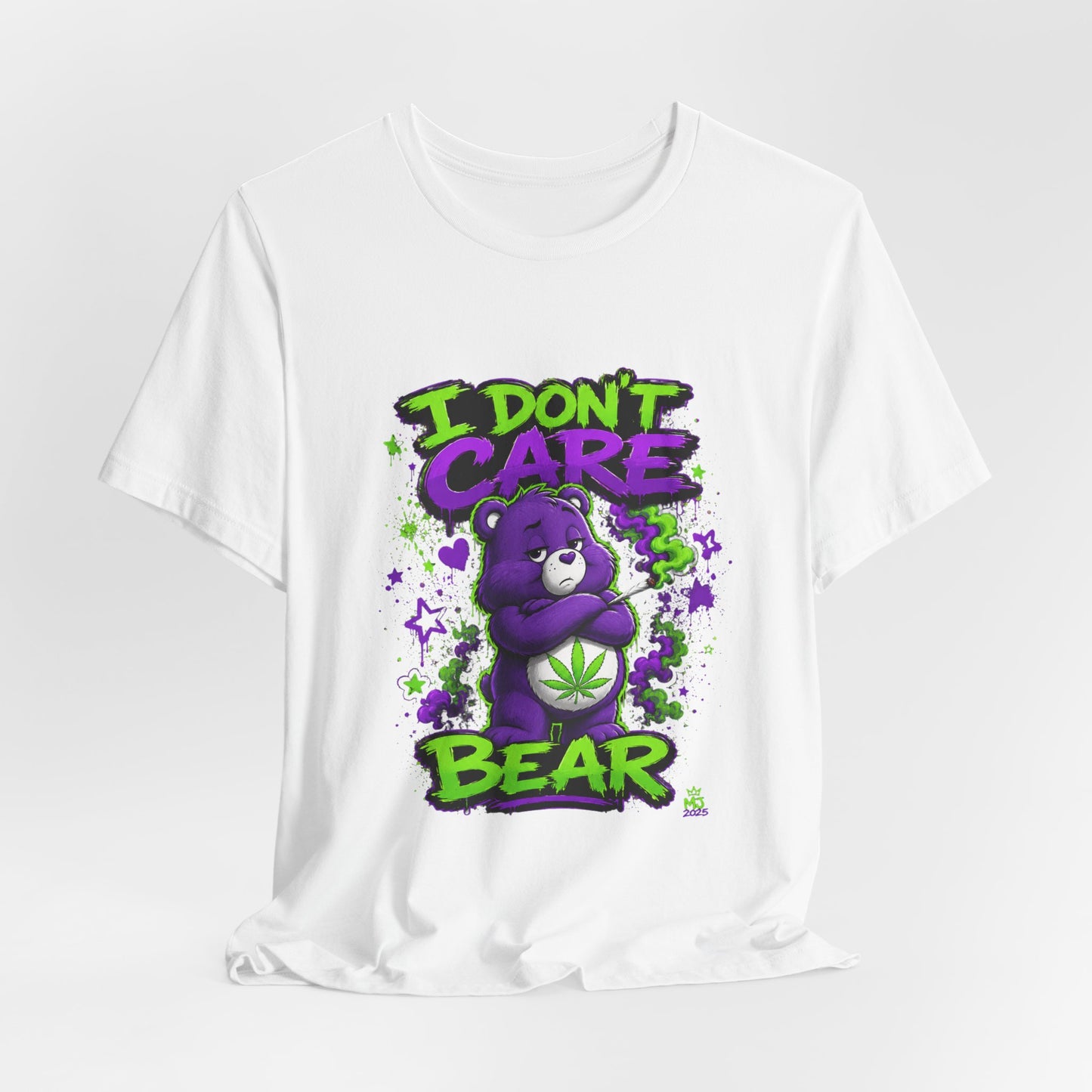 I Don't Care Bear Cannabis Graphic T-Shirt | Funny 420 Streetwear Tee | Purple Neon Stoner Shirt