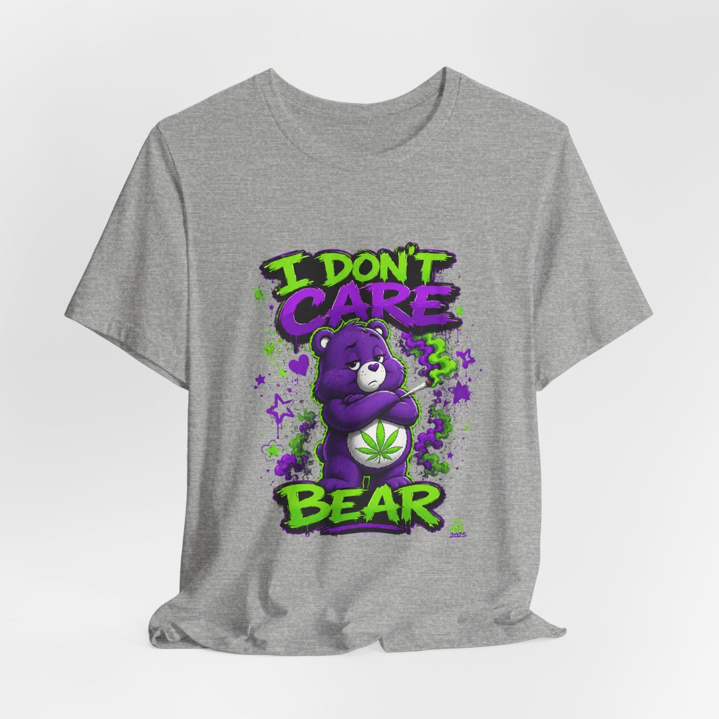 I Don't Care Bear Cannabis Graphic T-Shirt | Funny 420 Streetwear Tee | Purple Neon Stoner Shirt