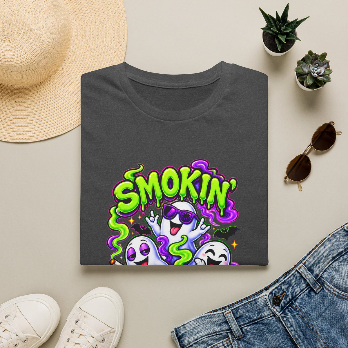 Smokin’ With My Boos Neon Halloween T-Shirt Printify