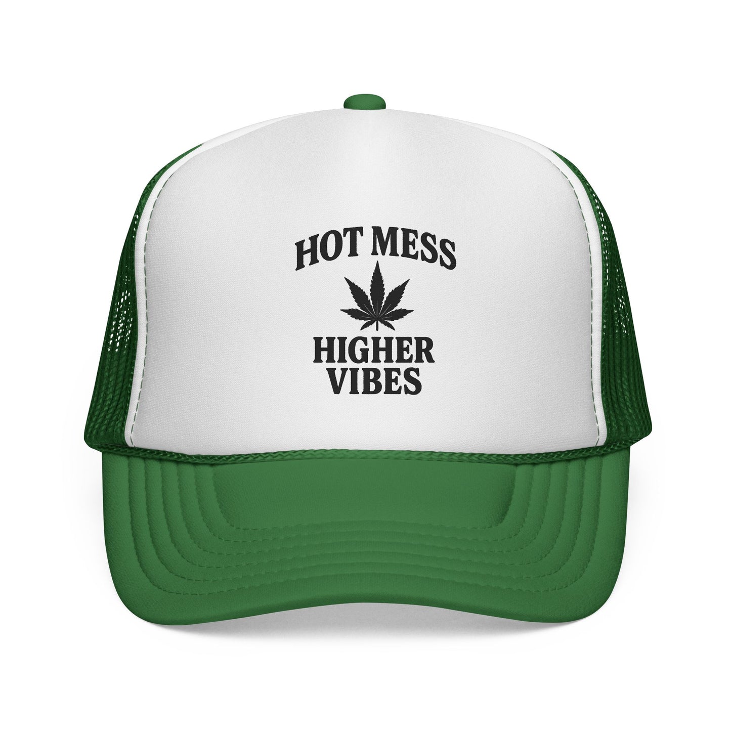 Hot Mess Higher Vibes Trucker Hat | Funny Stoner Mesh Cap | Cannabis Leaf Snapback | 420 Gift for Her & Him