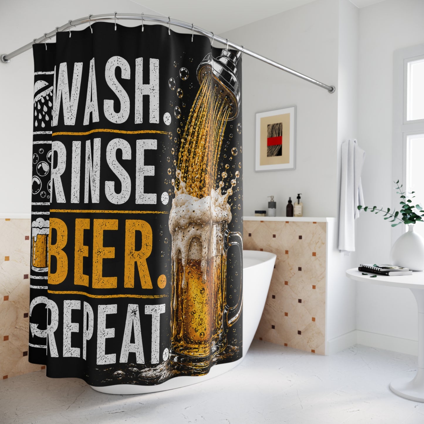 Wash Rinse Beer Repeat Shower Curtain | Funny Beer Lover Bathroom Decor | Man Cave Bath Curtain | Rustic Pub Bathroom Gift