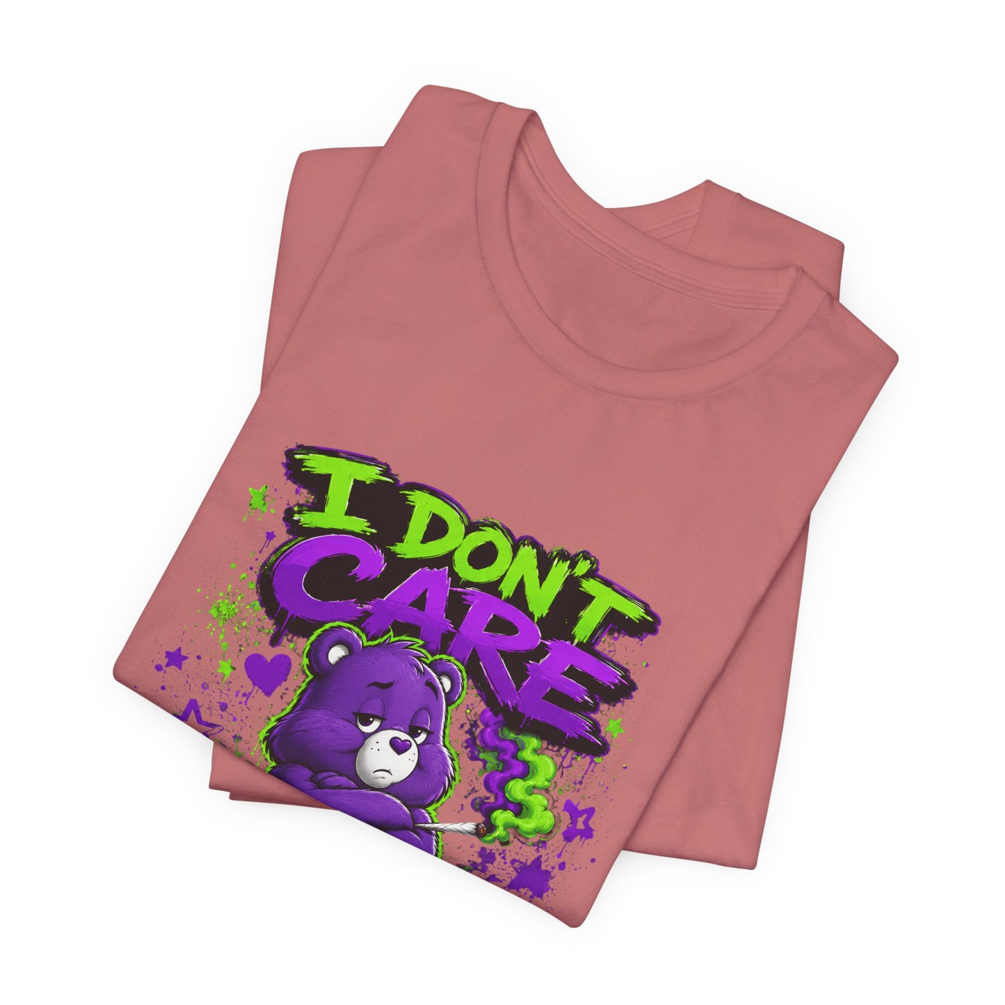I Don't Care Bear Cannabis Graphic T-Shirt | Funny 420 Streetwear Tee | Purple Neon Stoner Shirt