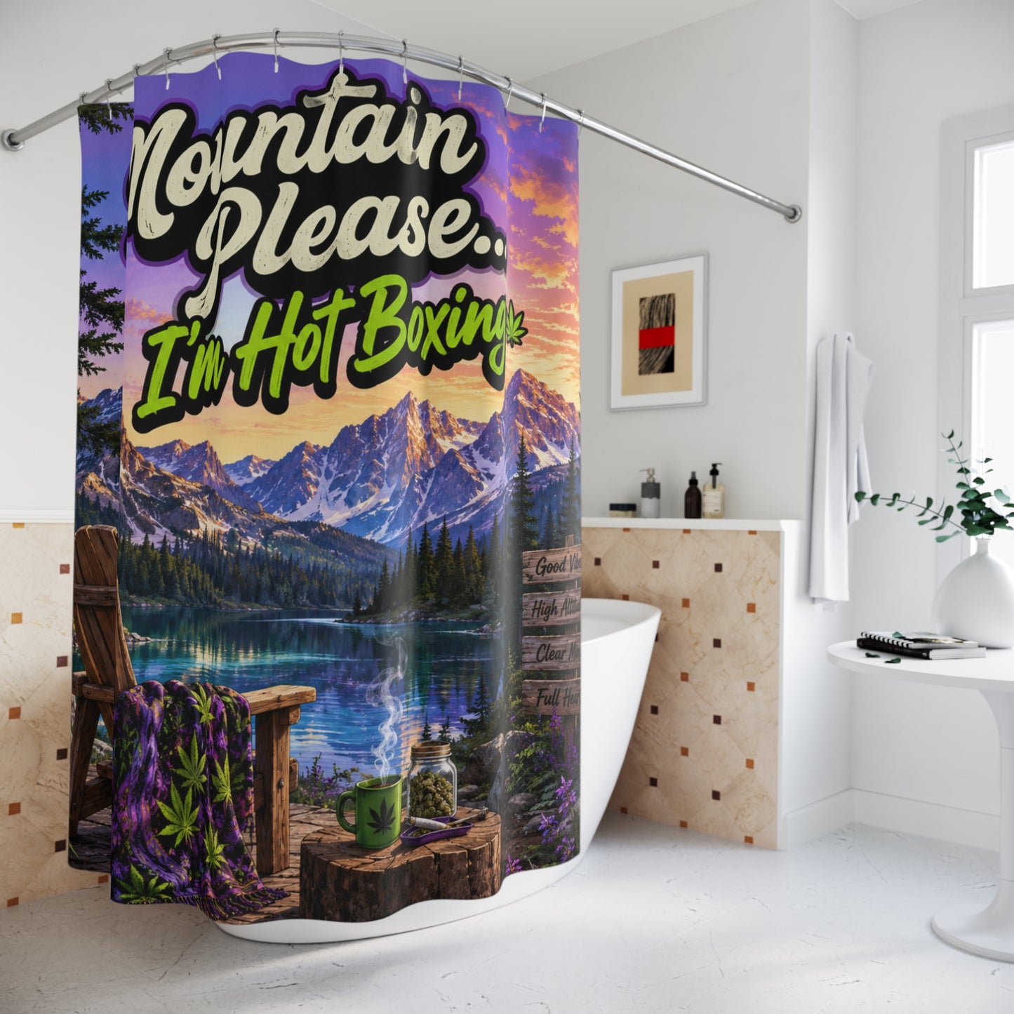 Mountain Please I'm Hot Boxin Shower Curtain — Scenic Cannabis Cabin Bathroom Decor