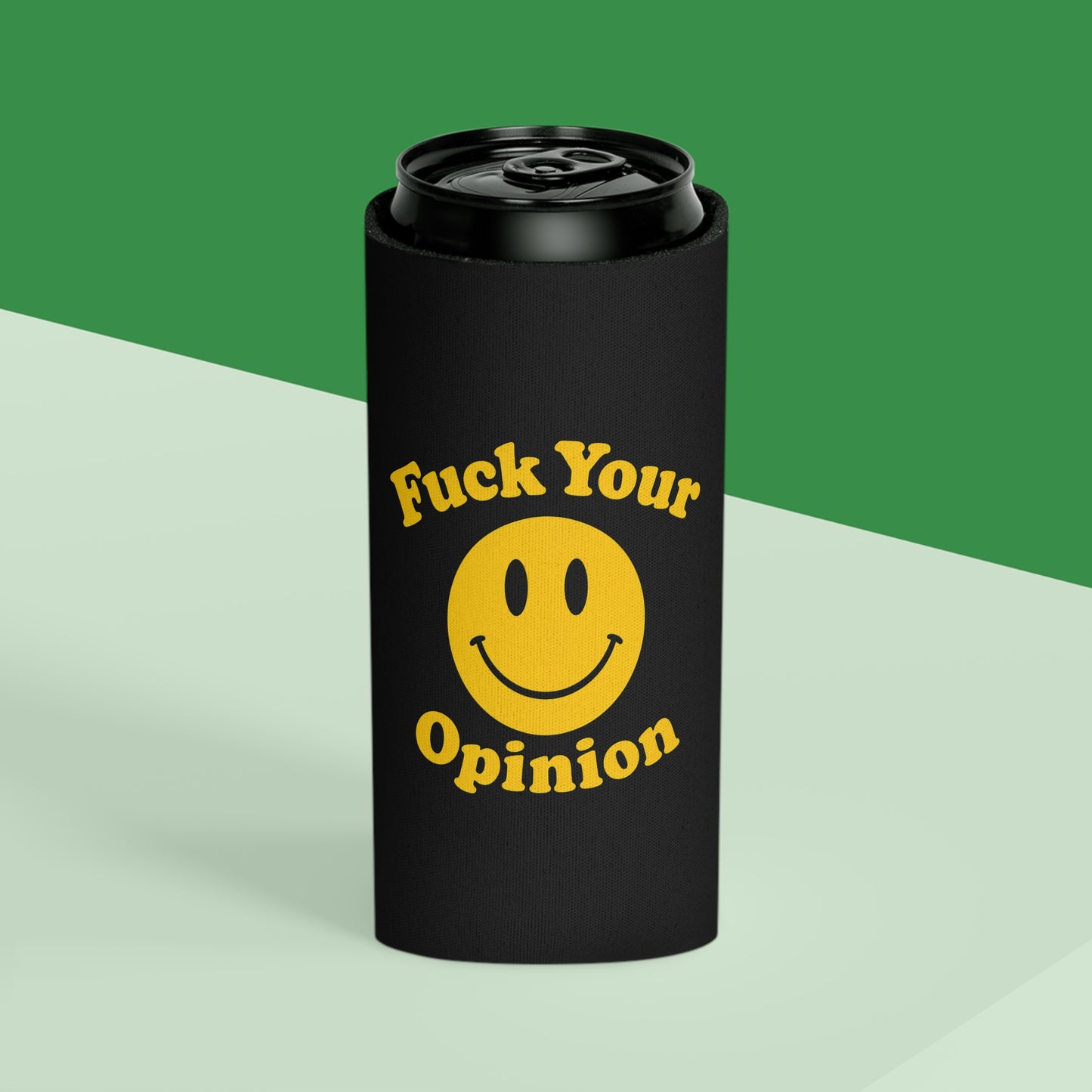 Funny Can Cooler Koozie – “Fuck Your Opinion” Smiley Face Beer Sleeve | Sarcastic Drink Insulator for Regular & Slim Cans
