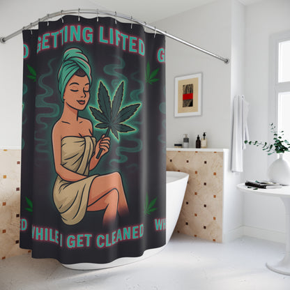 Retro Mary Jane Pin-Up Shower Curtain – “Getting Lifted While I Get Cleaned” – Cannabis Bathroom Decor