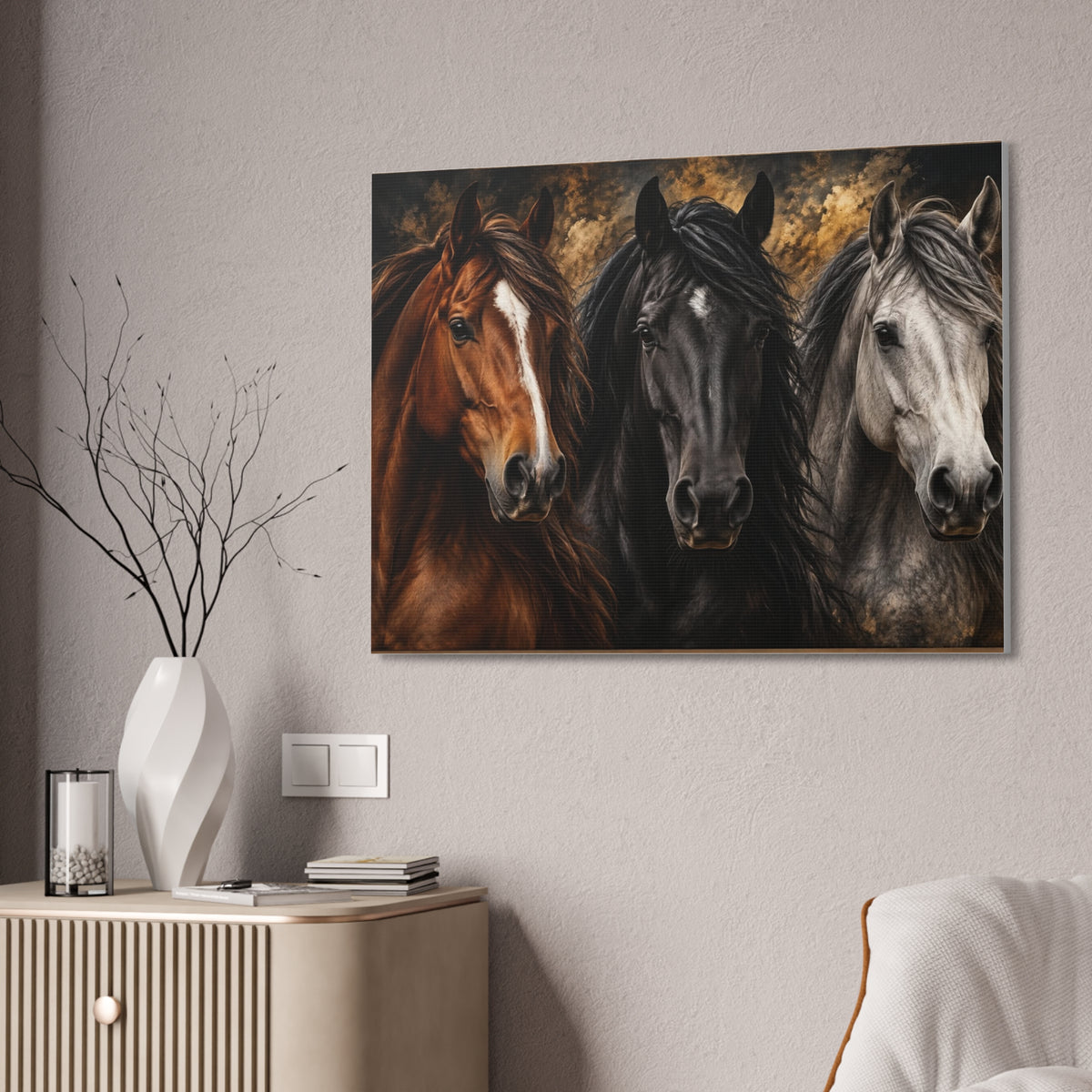 Kentucky Horse Canvas Wall Art – Three Horses, Blue Sky & Red Roses Equestrian Decor Printify