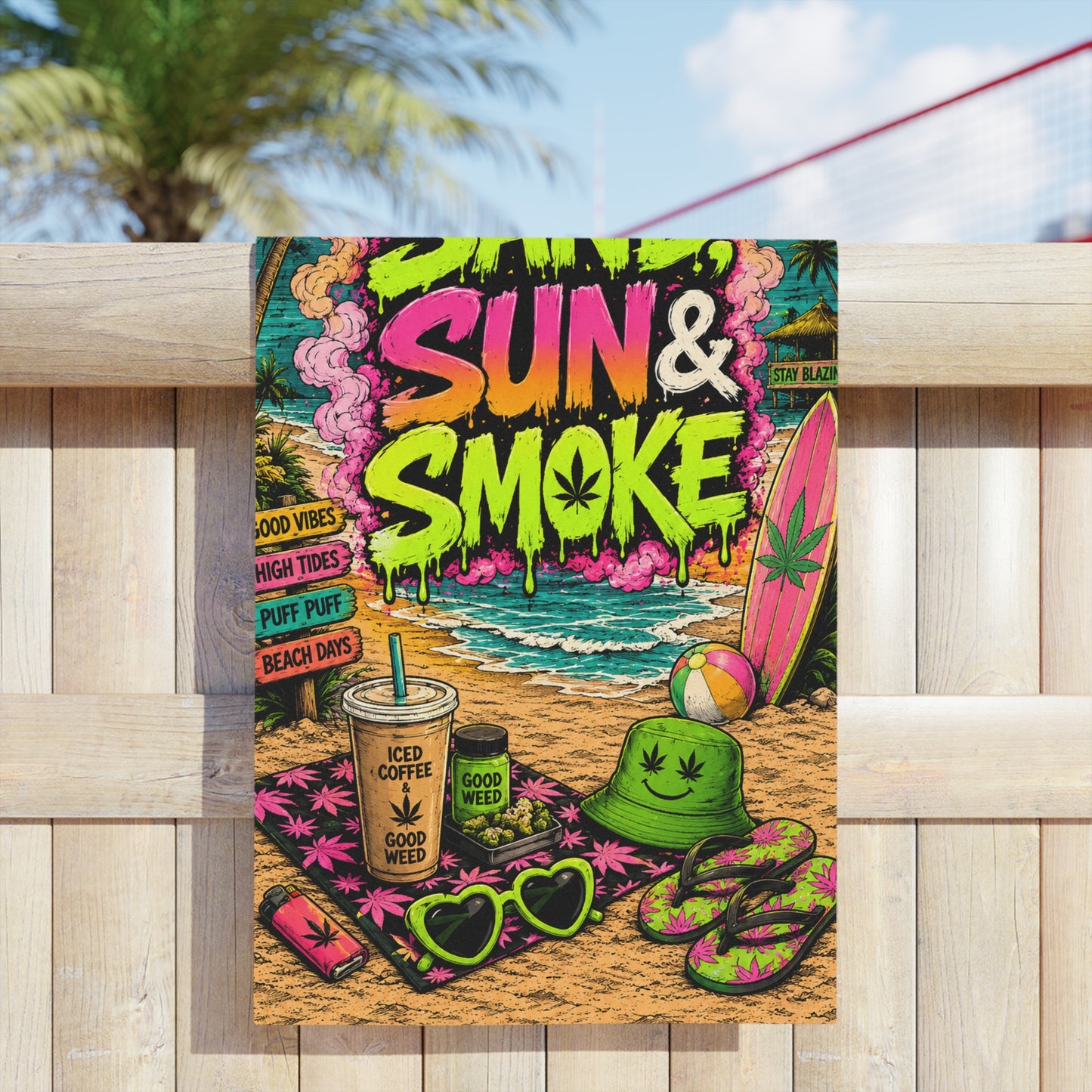 Sand Sun & Smoke Beach Towel | Neon Stoner Beach Towel | Wake N Bake Summer Towel | Mary Jane 2025