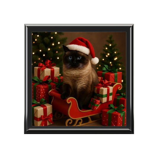 Festive Cat Christmas Photo in Santa Hat with Holiday Gifts