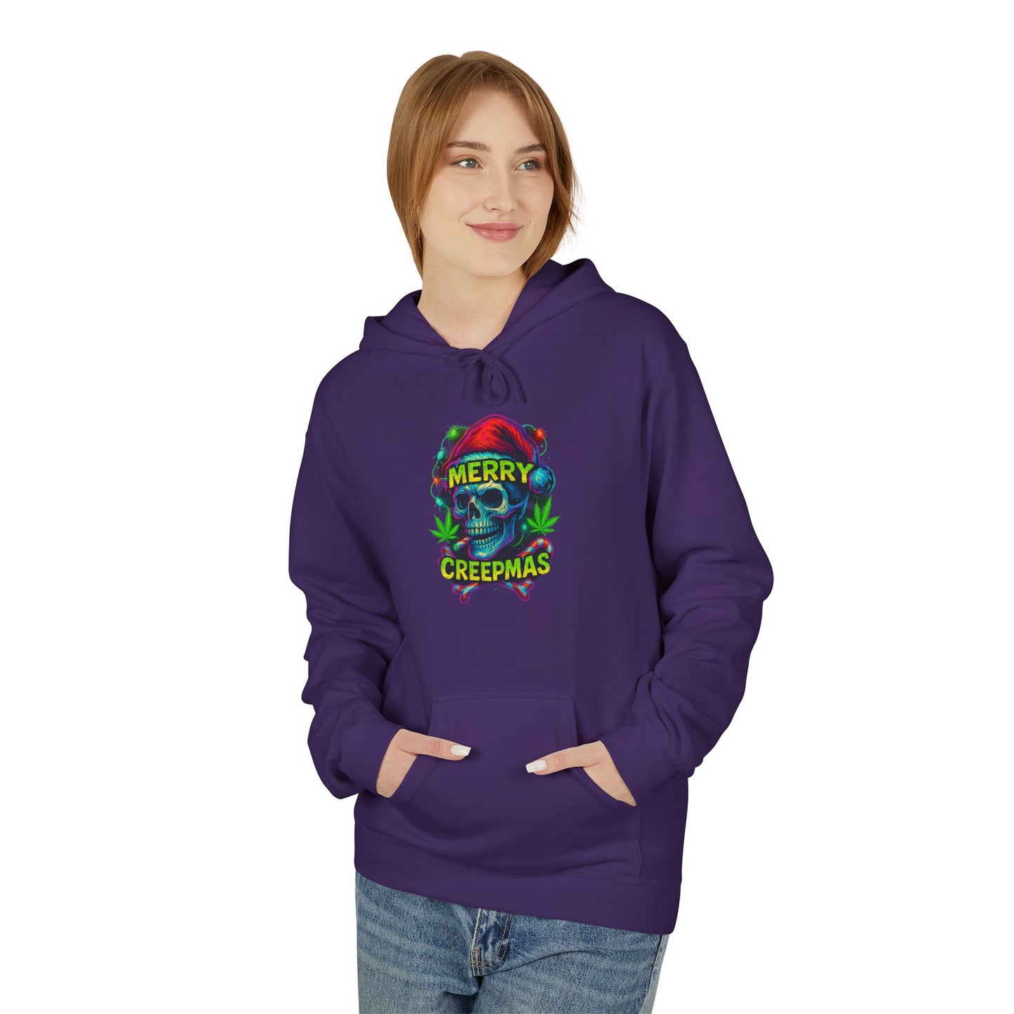 Merry Creepmas Skull Christmas Weed Hoodie | Neon Stoner Holiday Shirt