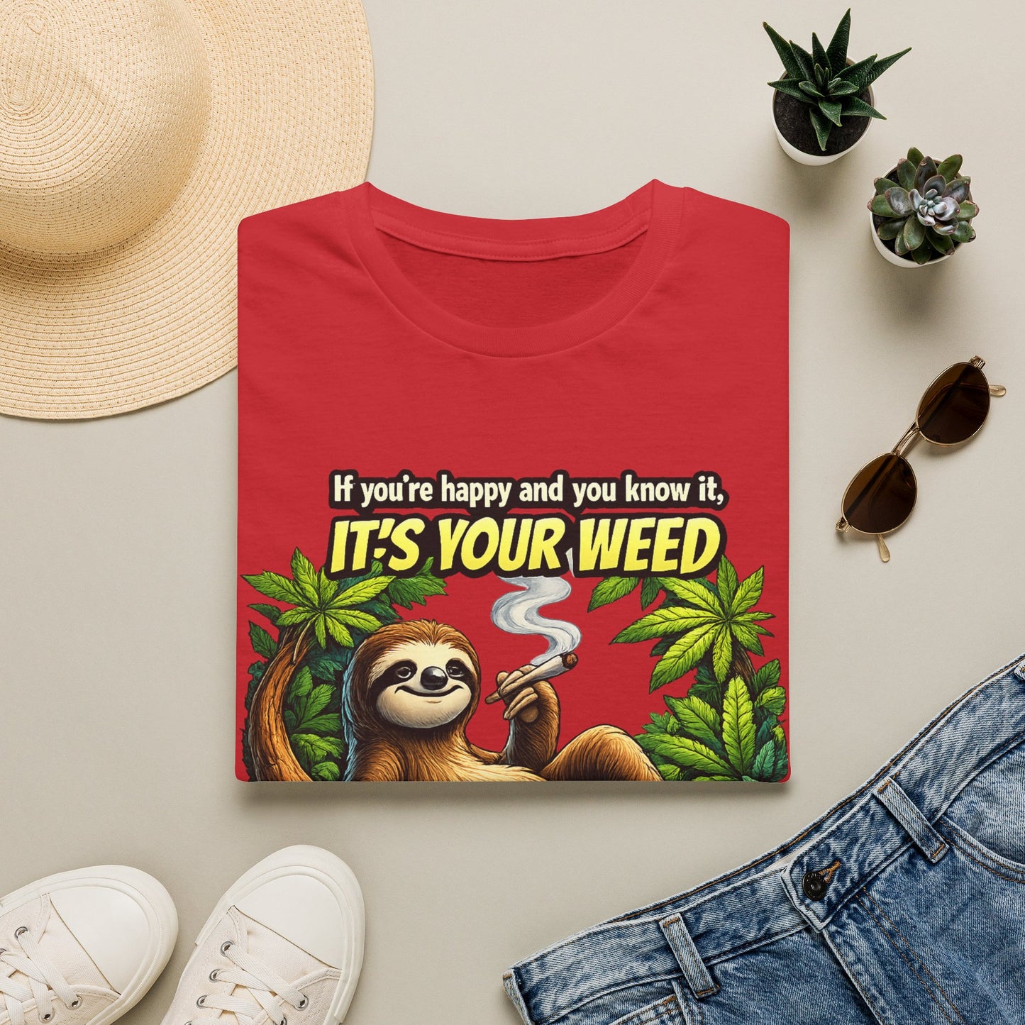 If You're Happy and You Know It It's Your Weed Sloth T-Shirt | Funny Cannabis Graphic Tee | Relaxed Stoner Shirt Gift Printify