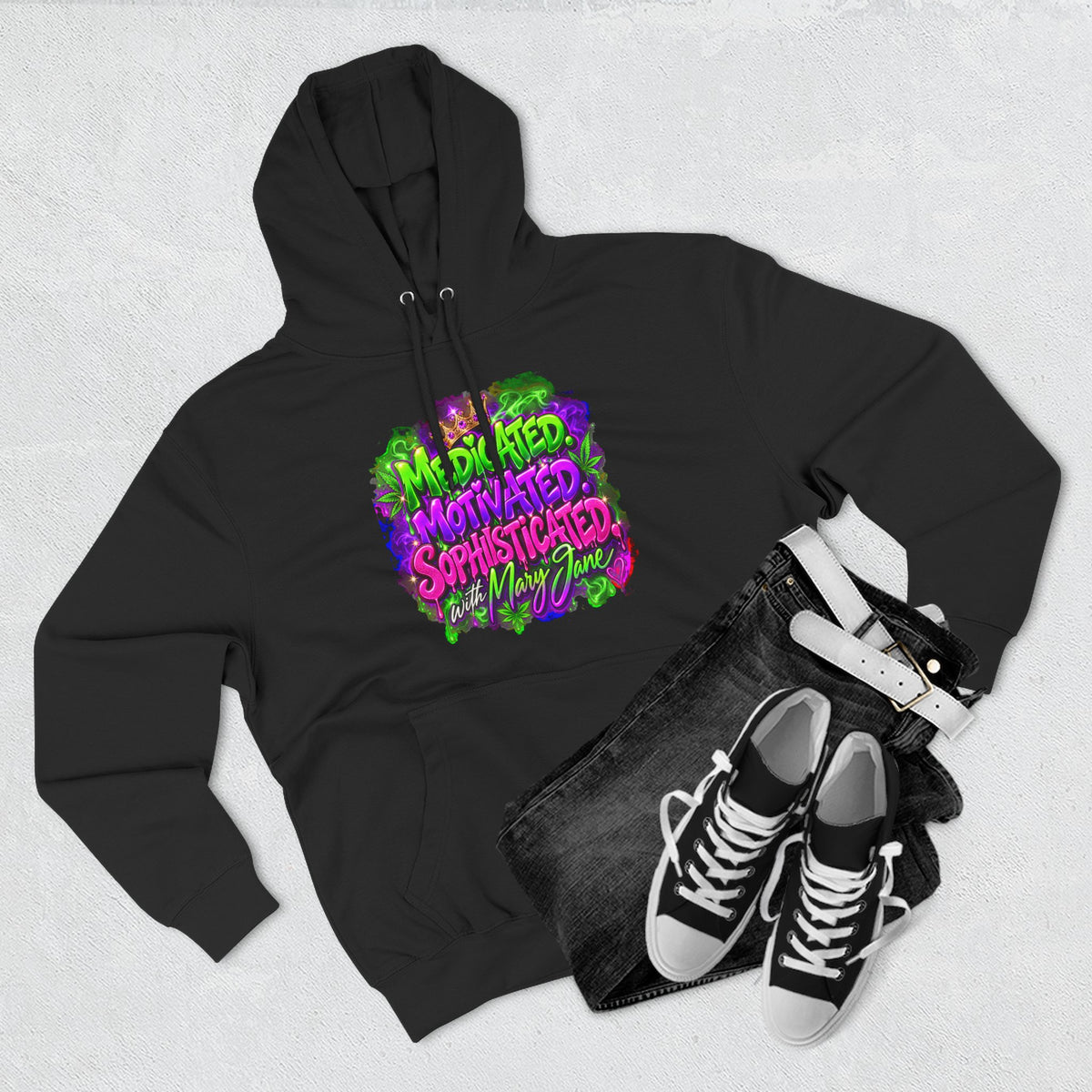 Medicated Motivated Sophisticated Hoodie | Mary Jane Graphic Sweatshirt | Funny 420 Pullover | Stoner Girl Streetwear 💜 SEO Description Printify