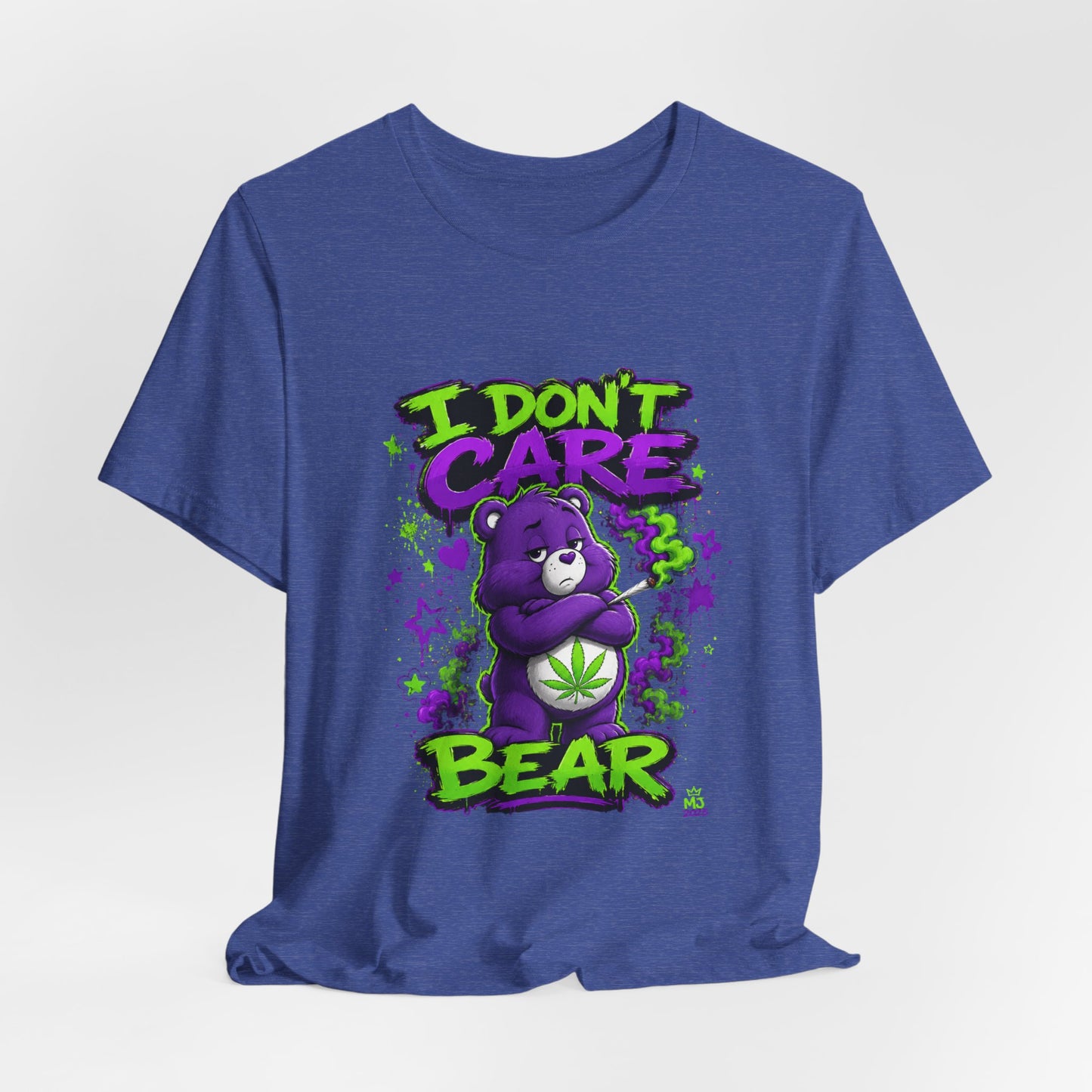 I Don't Care Bear Cannabis Graphic T-Shirt | Funny 420 Streetwear Tee | Purple Neon Stoner Shirt