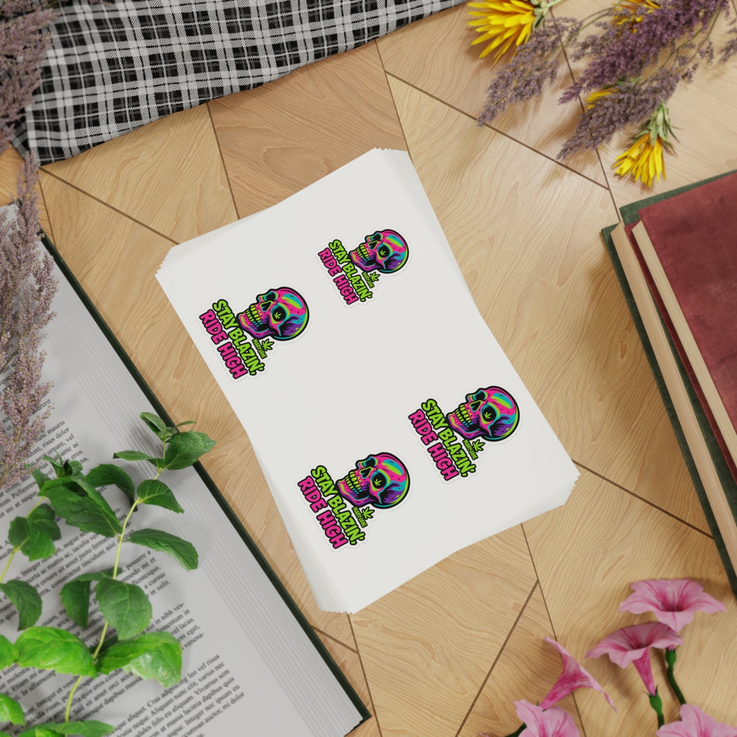 Mary-Jane “Stay Blazin’, Ride High” Neon Skull Bumper Sticker – Graffiti Vibes for Bold Cannabis Lovers, Vibrant Sticker Sheet Bundle | Stay Blazin Ride High, Vinyl Decals for Decor, Journals, Laptops, Festival Gear, Gifts