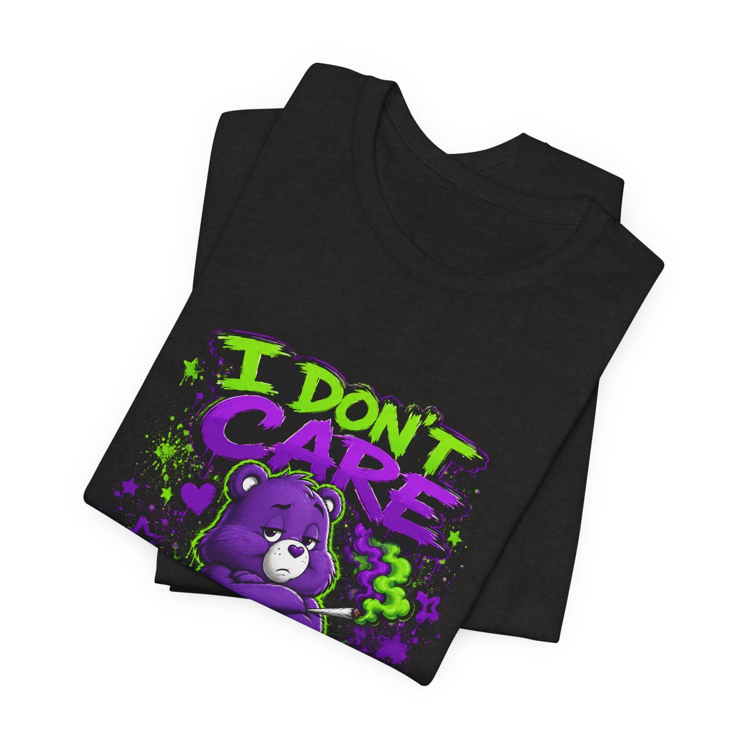 I Don't Care Bear Cannabis Graphic T-Shirt | Funny 420 Streetwear Tee | Purple Neon Stoner Shirt