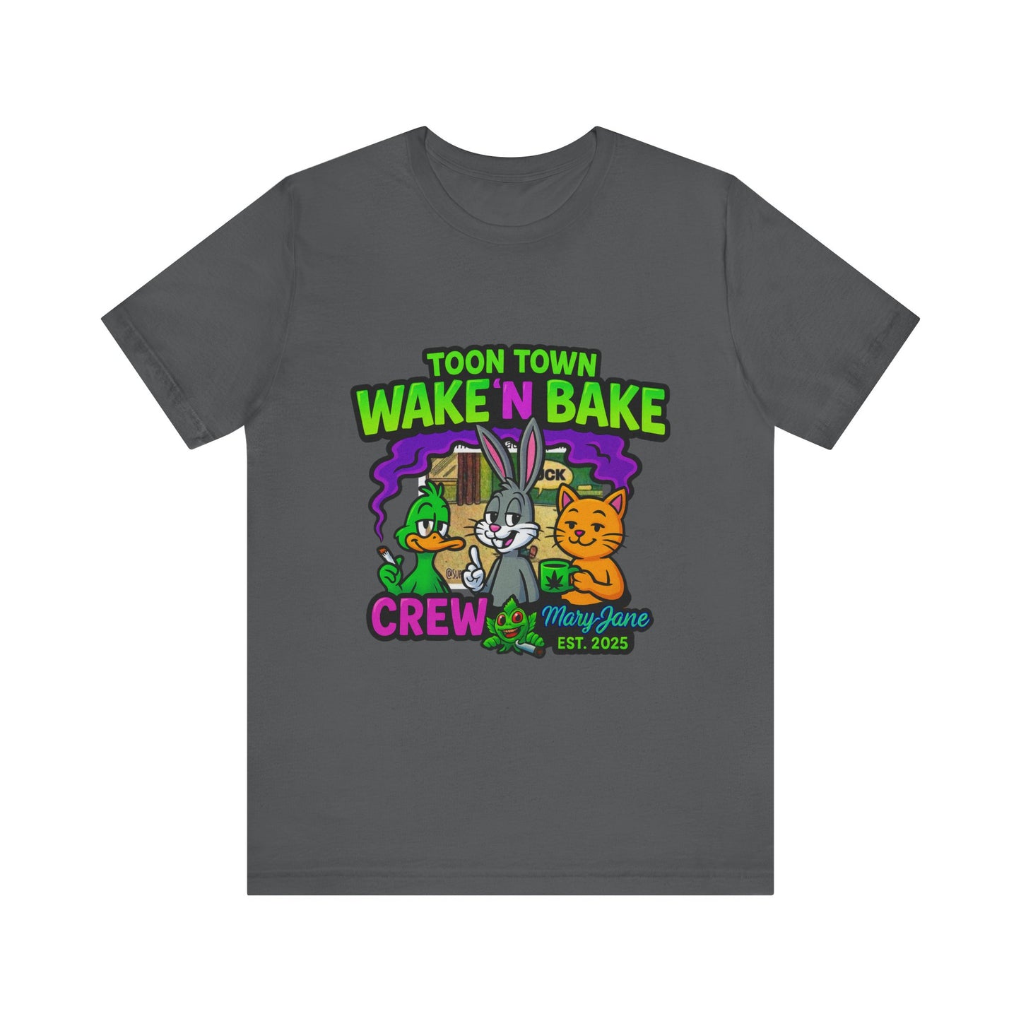 Toon Town Wake ’N Bake Crew T-Shirt | Funny Cartoon Stoner Tee by Mary-Jane EST. 2025