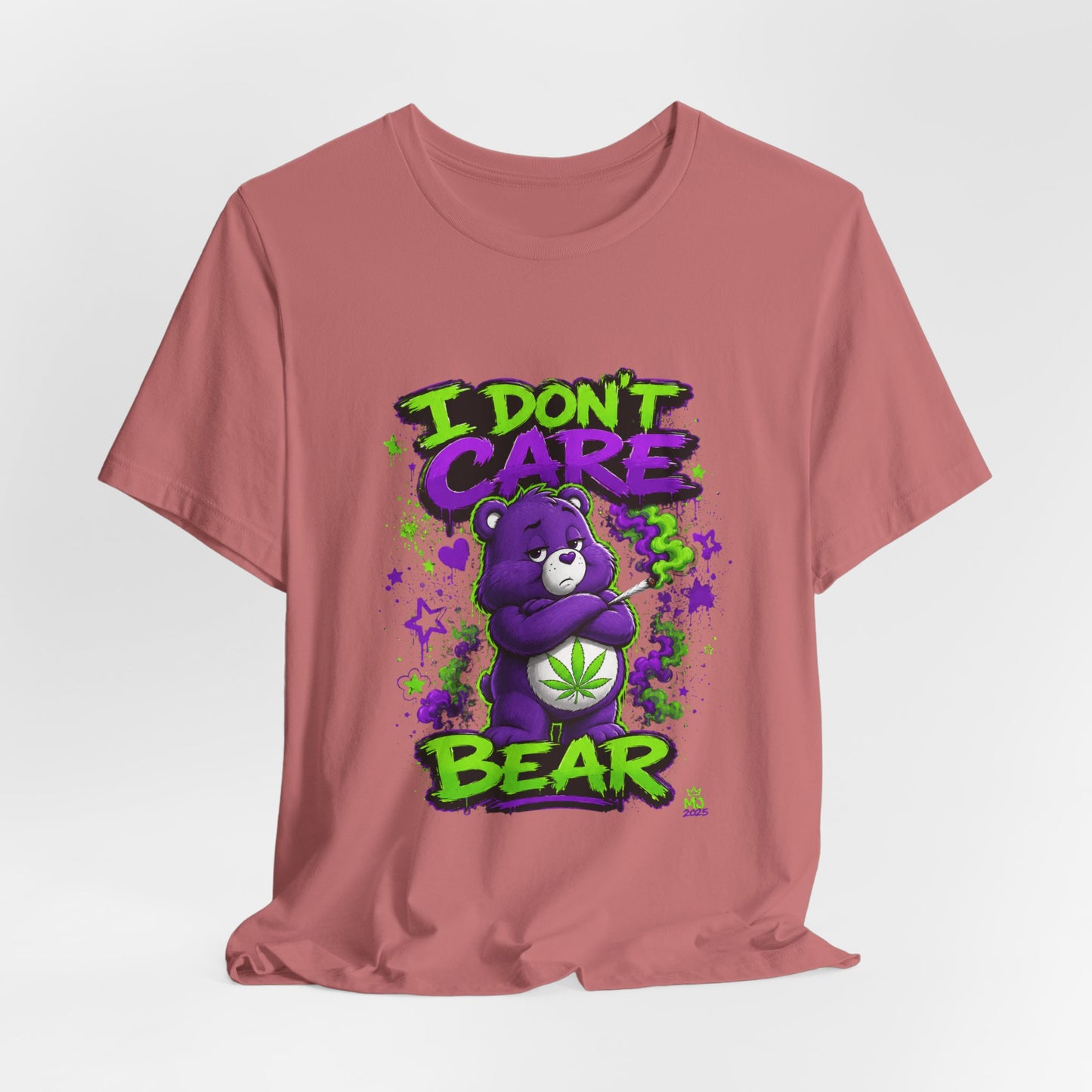 I Don't Care Bear Cannabis Graphic T-Shirt | Funny 420 Streetwear Tee | Purple Neon Stoner Shirt