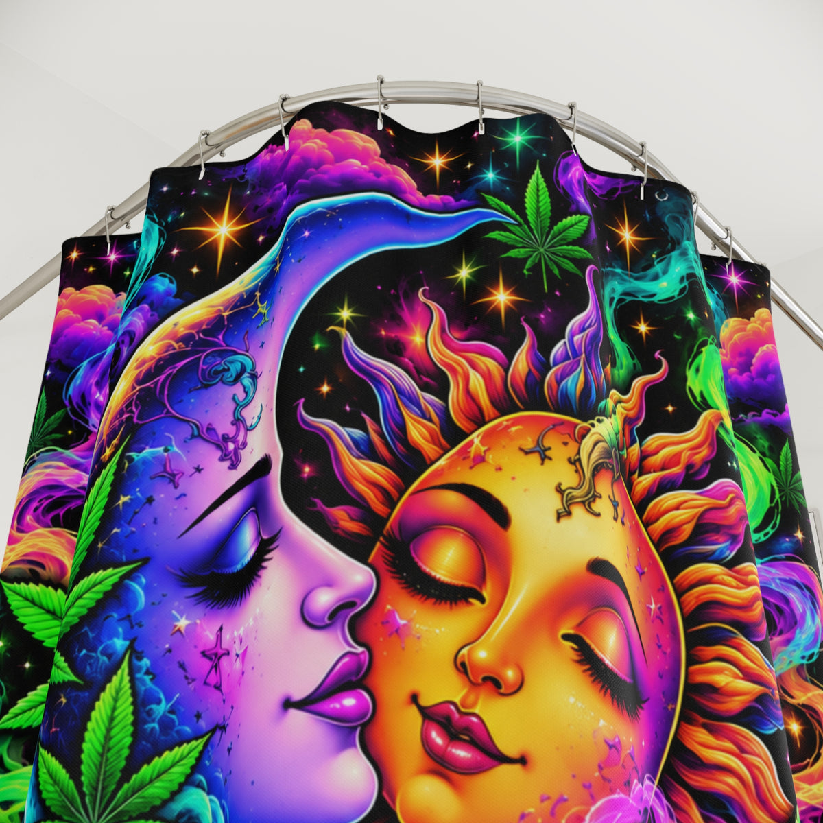 Shower Curtain — 'High on Good Vibes' Psychedelic Sun & Moon Cannabis Design Printify