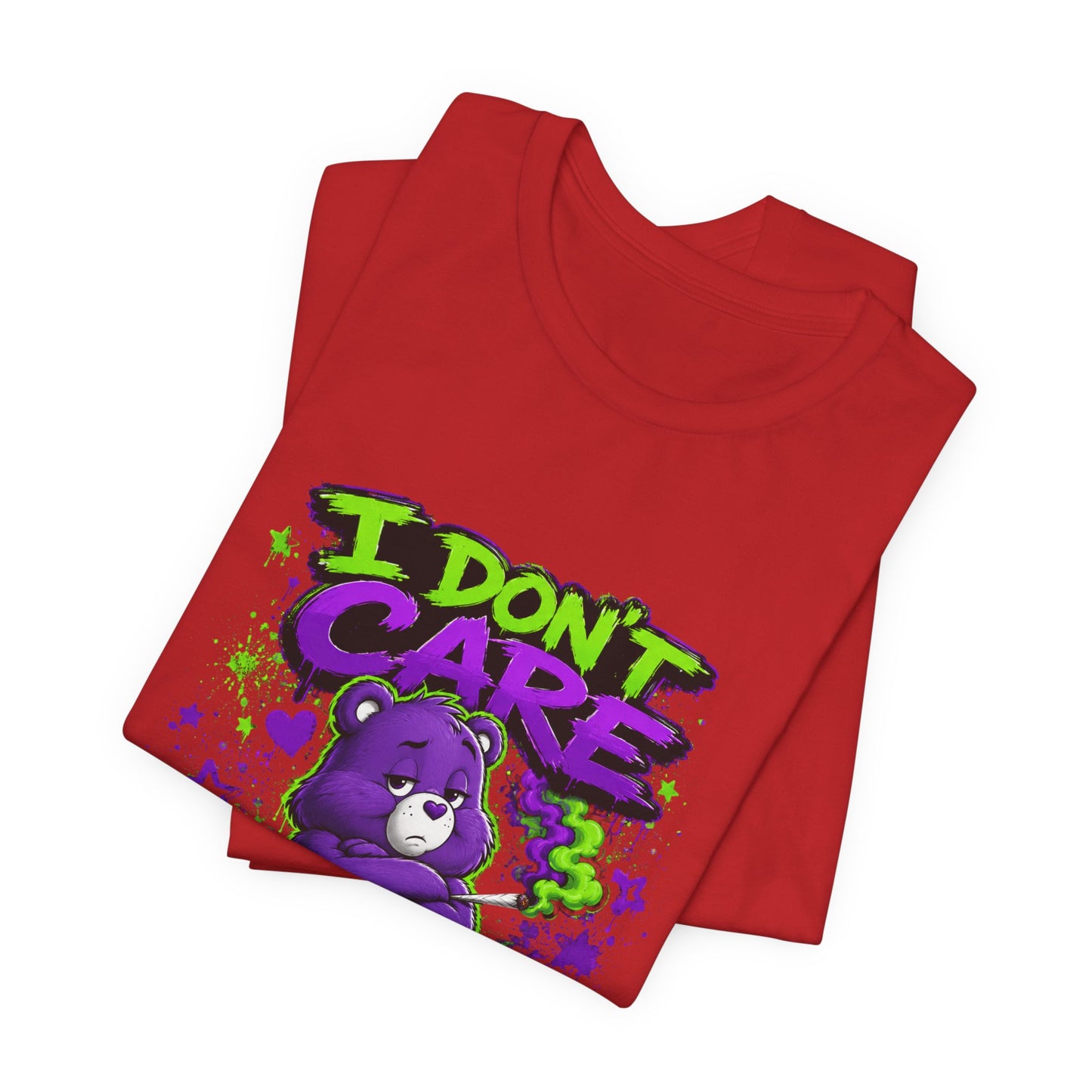 I Don't Care Bear Cannabis Graphic T-Shirt | Funny 420 Streetwear Tee | Purple Neon Stoner Shirt