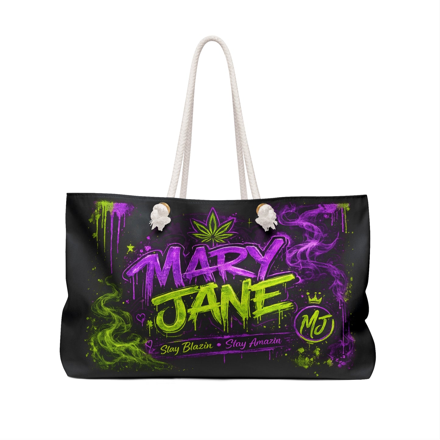 Mary Jane Neon Graffiti Weekender Bag | Purple & Green Cannabis Travel Tote | Stay Blazin Stay Amazin Overnight Bag