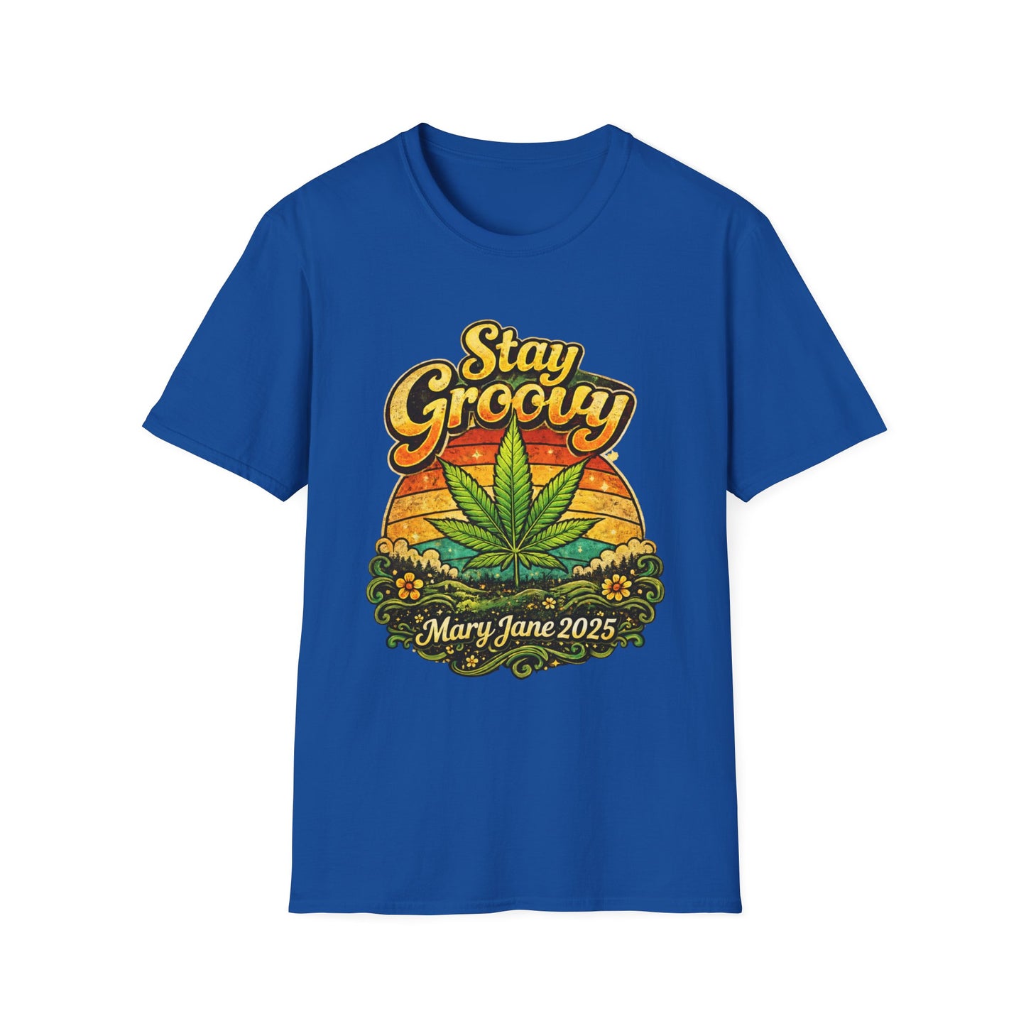 Stay Groovy Retro Cannabis T-Shirt – Vintage 70s Psychedelic Weed Sunset Graphic Tee – Mary Jane 2025 Unisex Shirt
