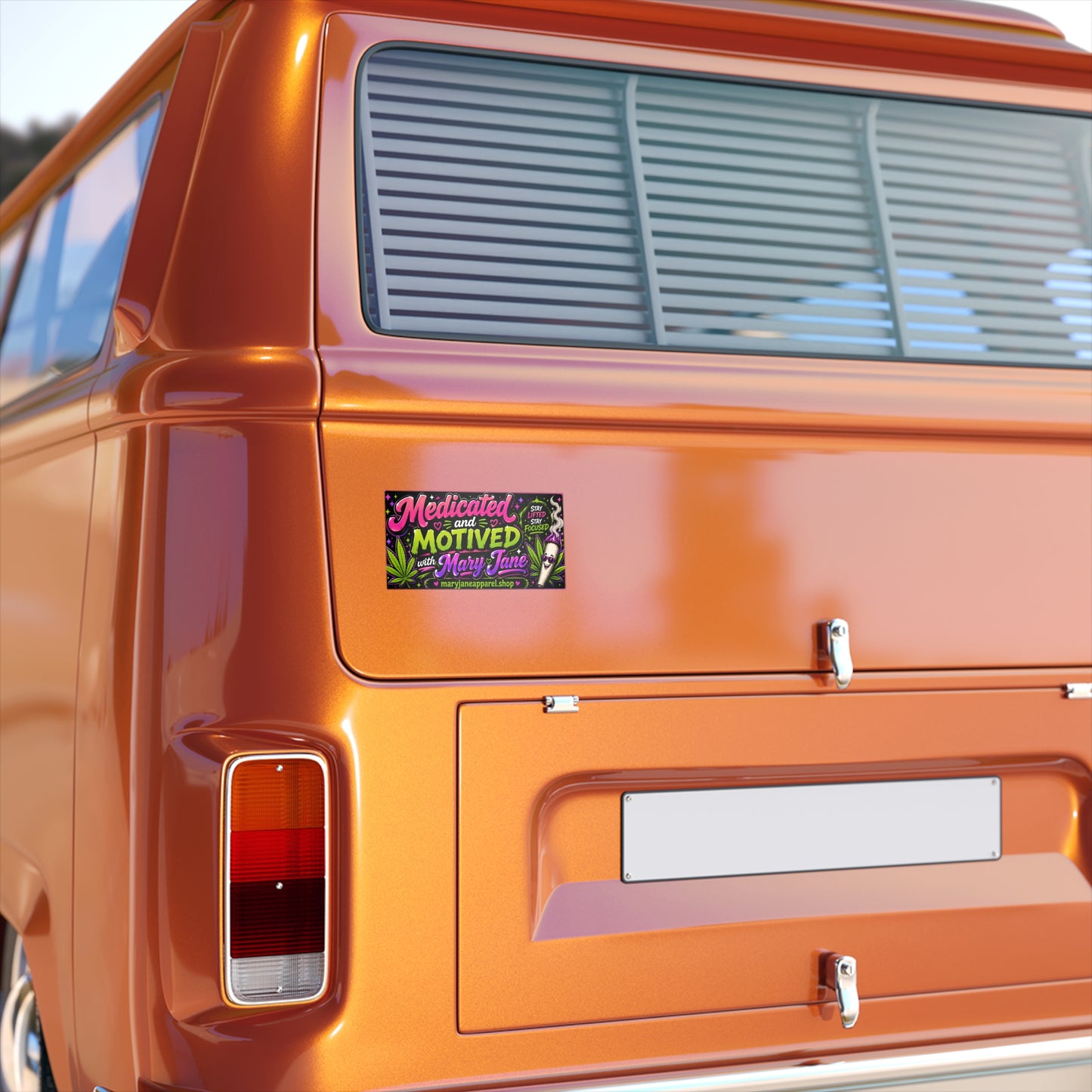 Medicated and Motivated with Mary Jane Bumper Sticker | Funny 420 Car Decal | Bright Neon Cannabis Sticker 7.5x3.75