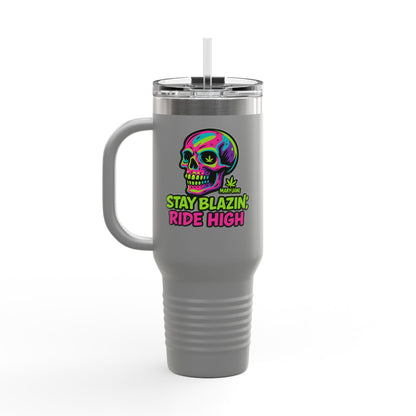 Insulated Travel Mug, Stay Blazin' Ride High Skull Design, 40oz Coffee Cup, Perfect for Cannabis Lovers, Fun Gift for Birthdays, Road Trips