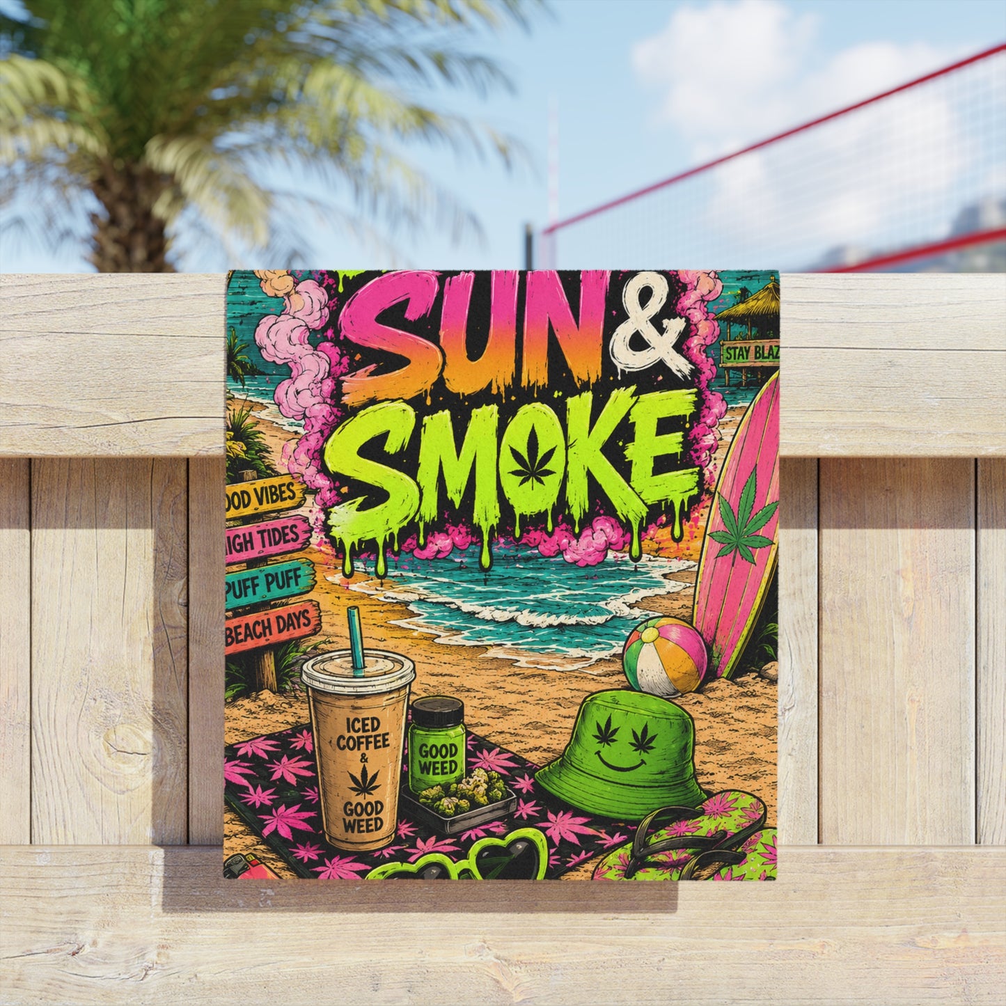 Sand Sun & Smoke Beach Towel | Neon Stoner Beach Towel | Wake N Bake Summer Towel | Mary Jane 2025