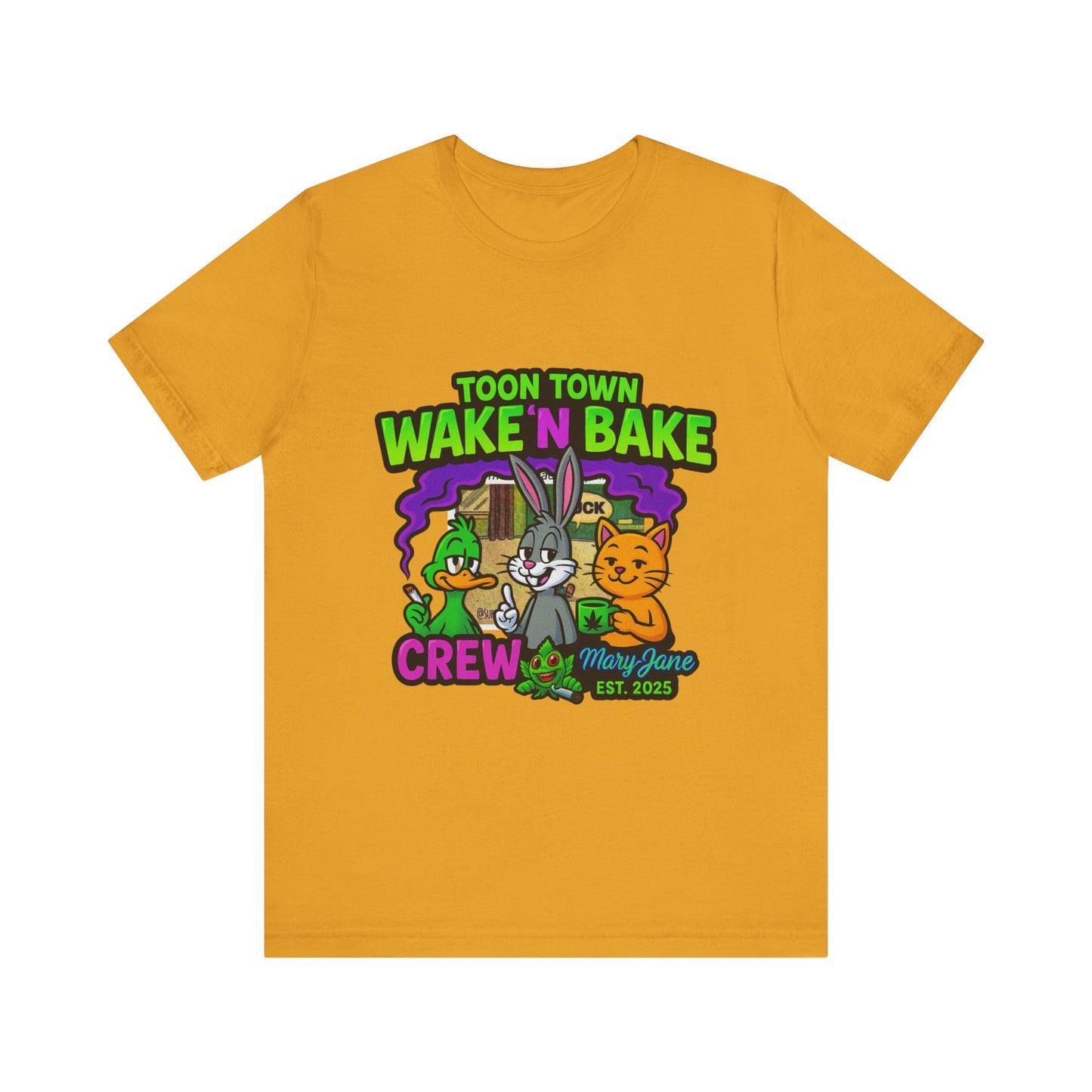 Toon Town Wake ’N Bake Crew T-Shirt | Funny Cartoon Stoner Tee by Mary-Jane EST. 2025