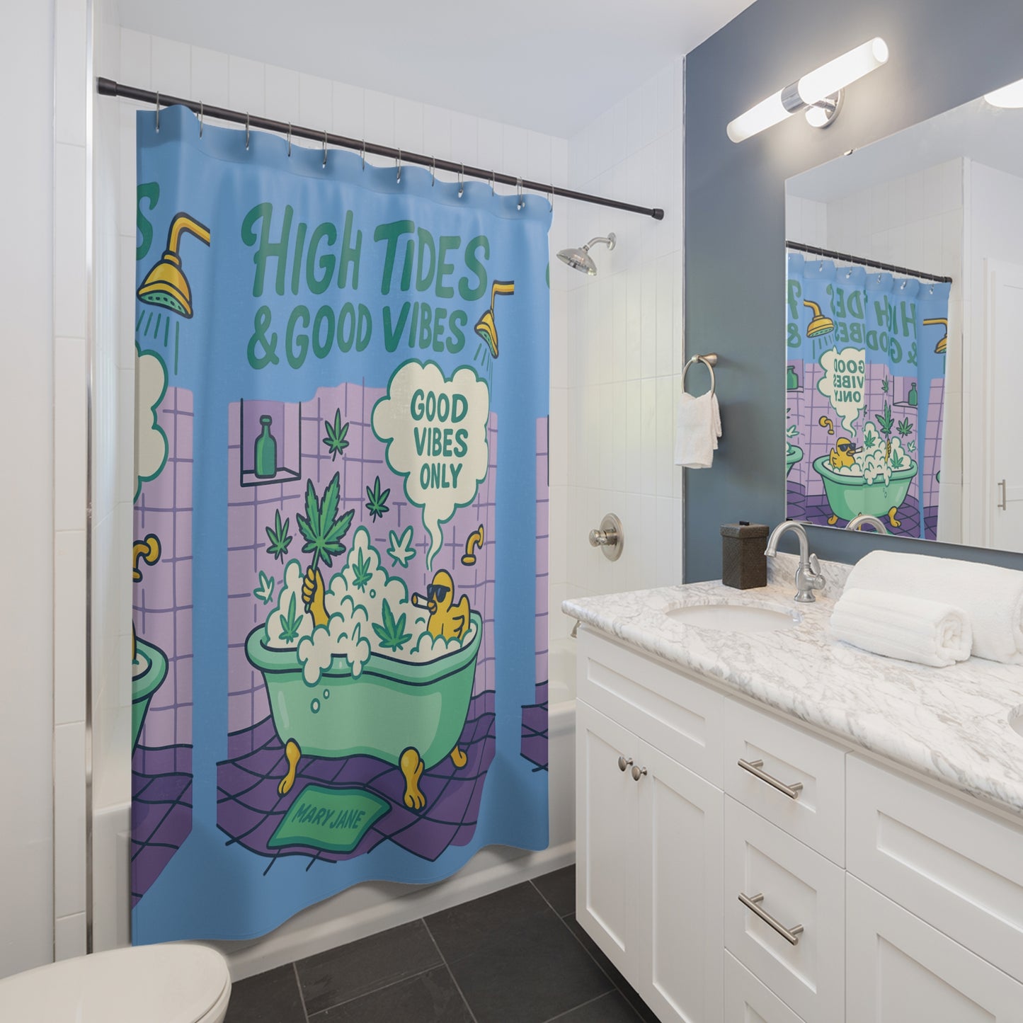 High Tides & Good Vibes Mary Jane Shower Poster | Cannabis Bathroom Decor