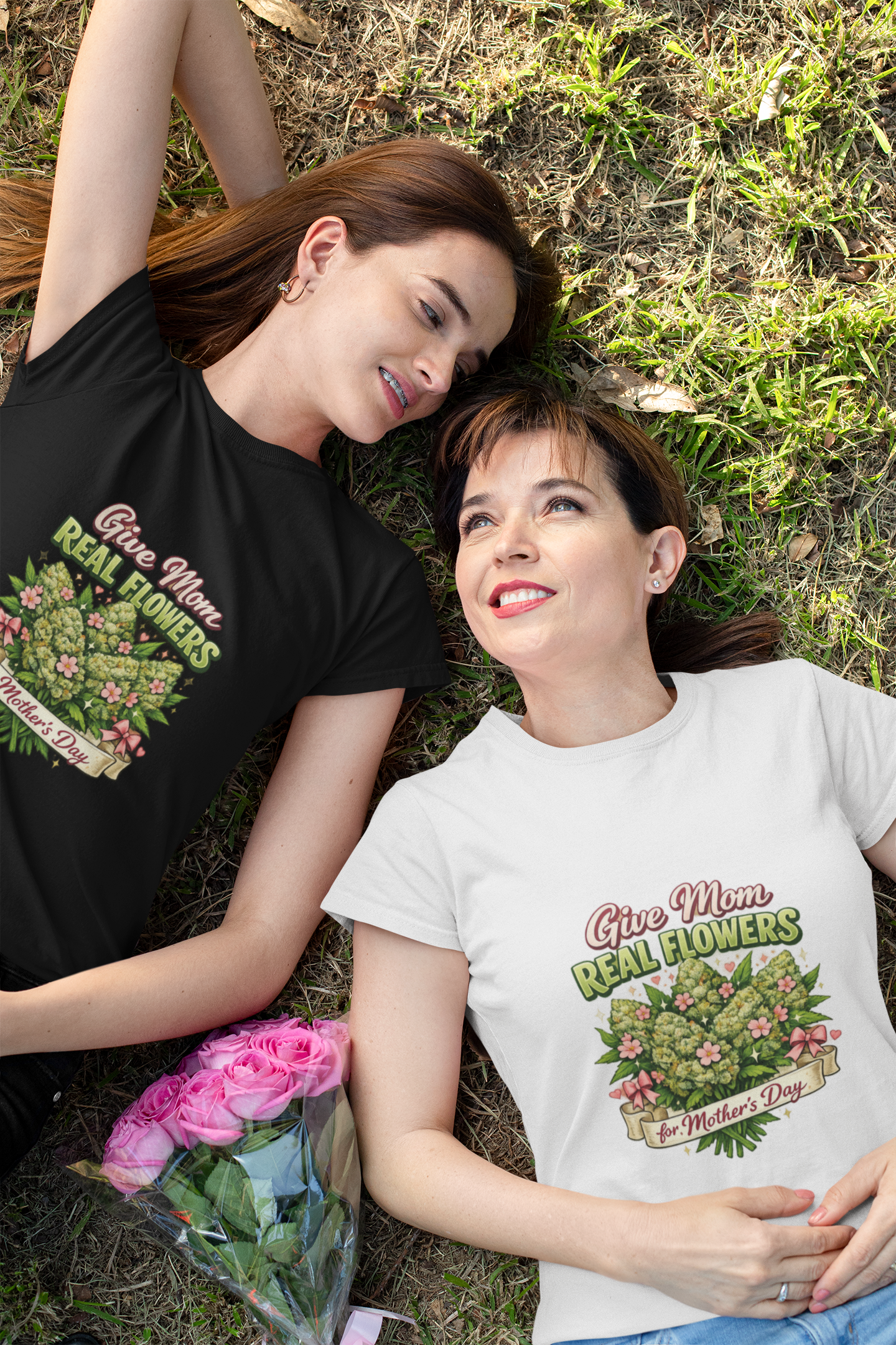 Give Mom Real Flowers Mother’s Day Shirt | Funny Weed Mom Tee | Cannabis Bouquet Graphic T-Shirt | 420 Gift for Mom | Stoner Mom Shirt