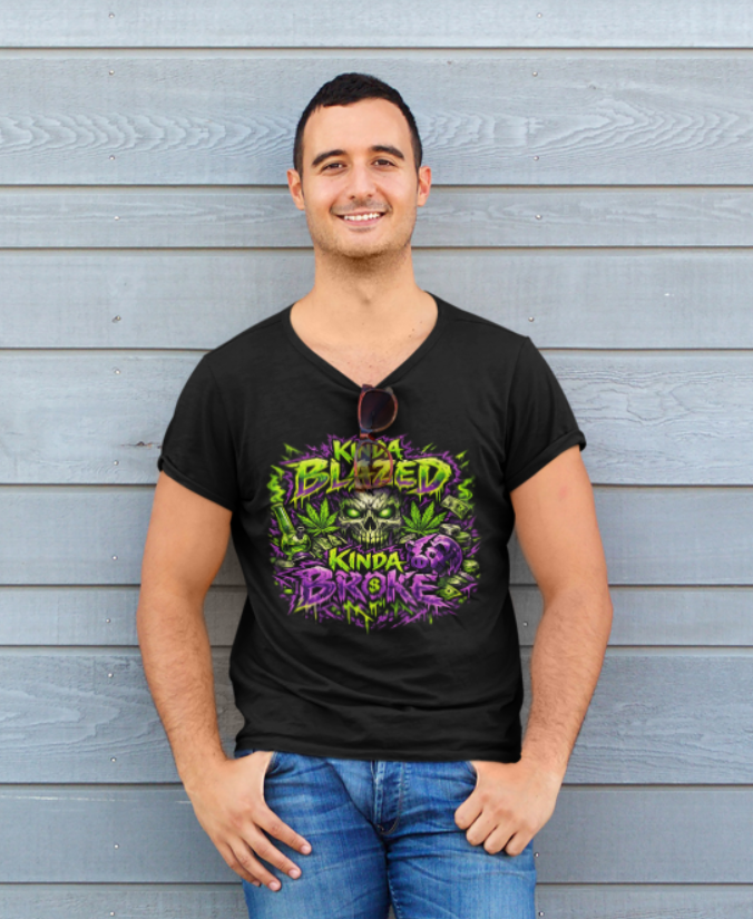 Kinda Blazed Kinda Broke Neon Graphic Shirt | Funny Stoner Streetwear Design