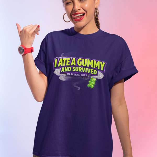 I Ate a Gummy and Survived Shirt – Funny Edible Humor Tee, Stoner Lifestyle Apparel, Cannabis Joke Graphic T-Shirt