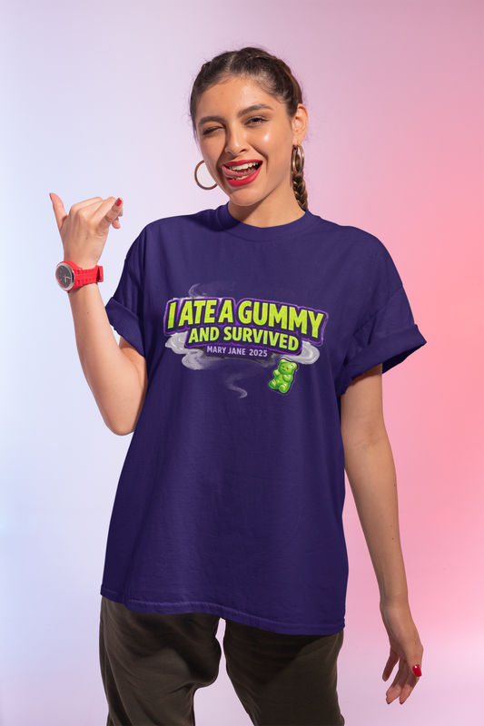 I Ate a Gummy and Survived Shirt – Funny Edible Humor Tee, Stoner Lifestyle Apparel, Cannabis Joke Graphic T-Shirt