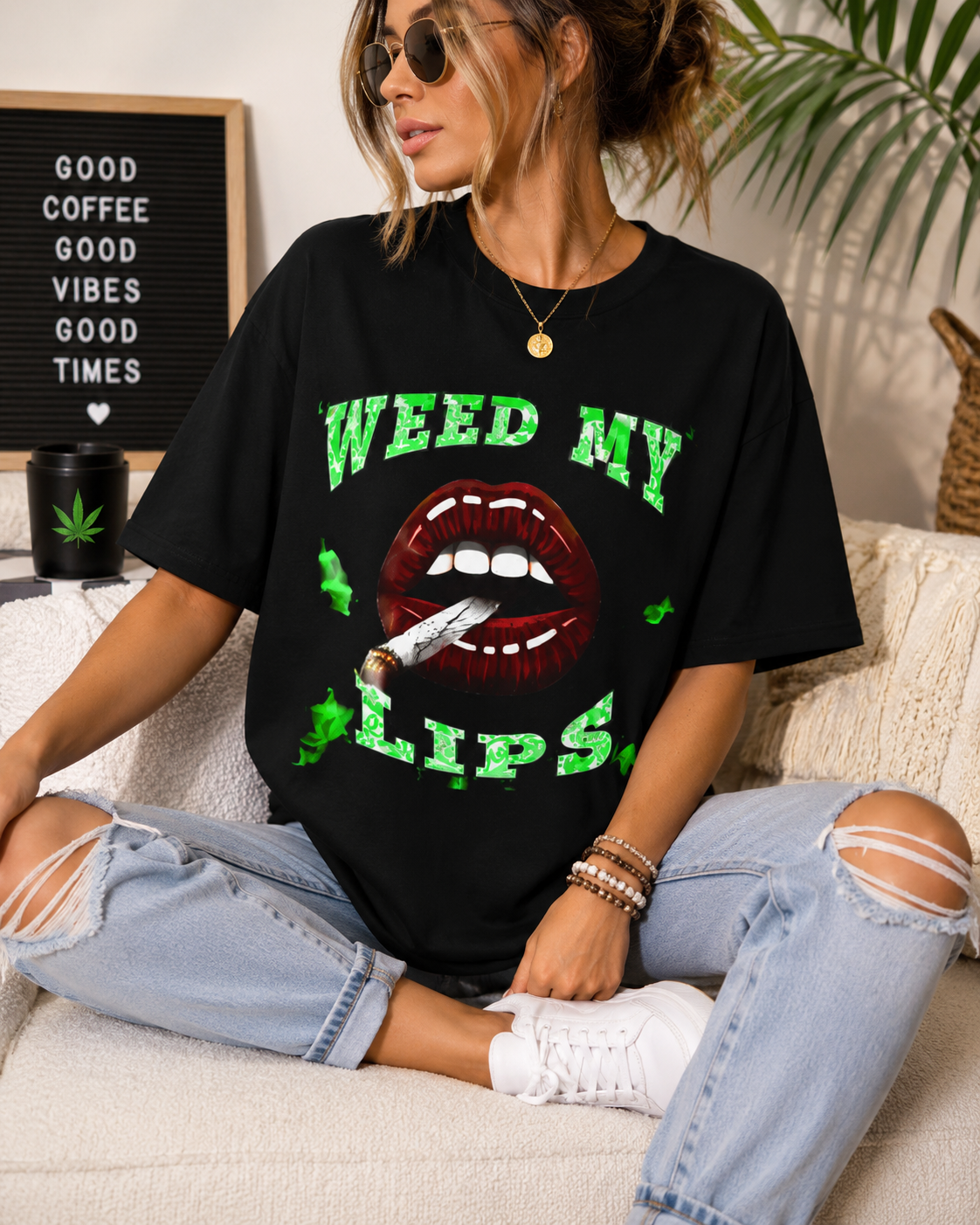 Weed My Lips T-Shirt | Funny Stoner Lips Graphic Tee | Cannabis Lover Shirt | 420 Smoker Apparel Gift Printify