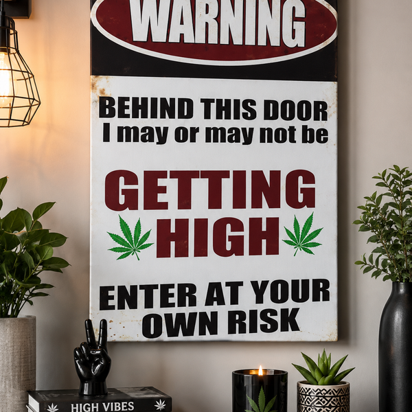 Funny 420 Warning Canvas Wall Art – Getting High Stoner Room Decor – Smoke Room Marijuana Humor Sign