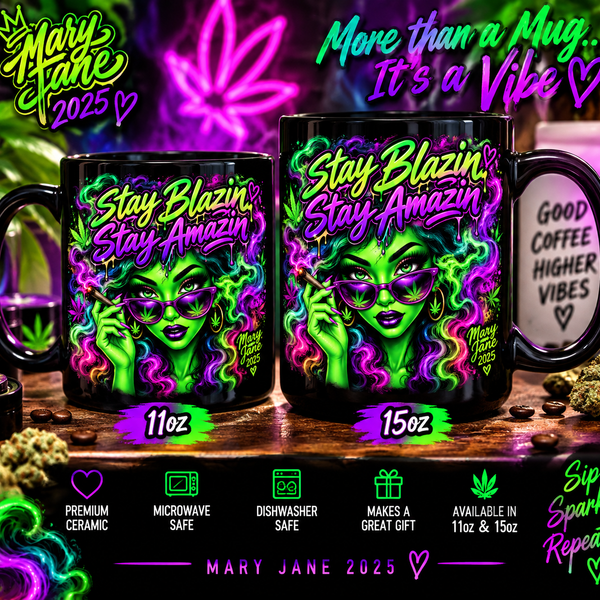 Stay Blazin Stay Amazin Mary Jane Mug | Funny Stoner Coffee Cup– Neon Green & Purple Witch Art (11oz/15oz) Printify