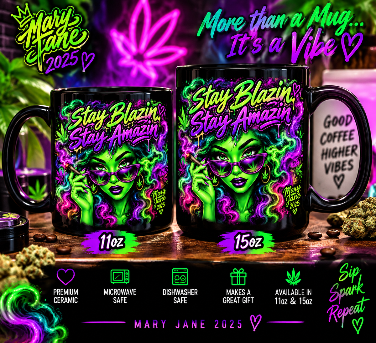 Stay Blazin Stay Amazin Mary Jane Mug | Funny Stoner Coffee Cup– Neon Green & Purple Witch Art (11oz/15oz) Printify