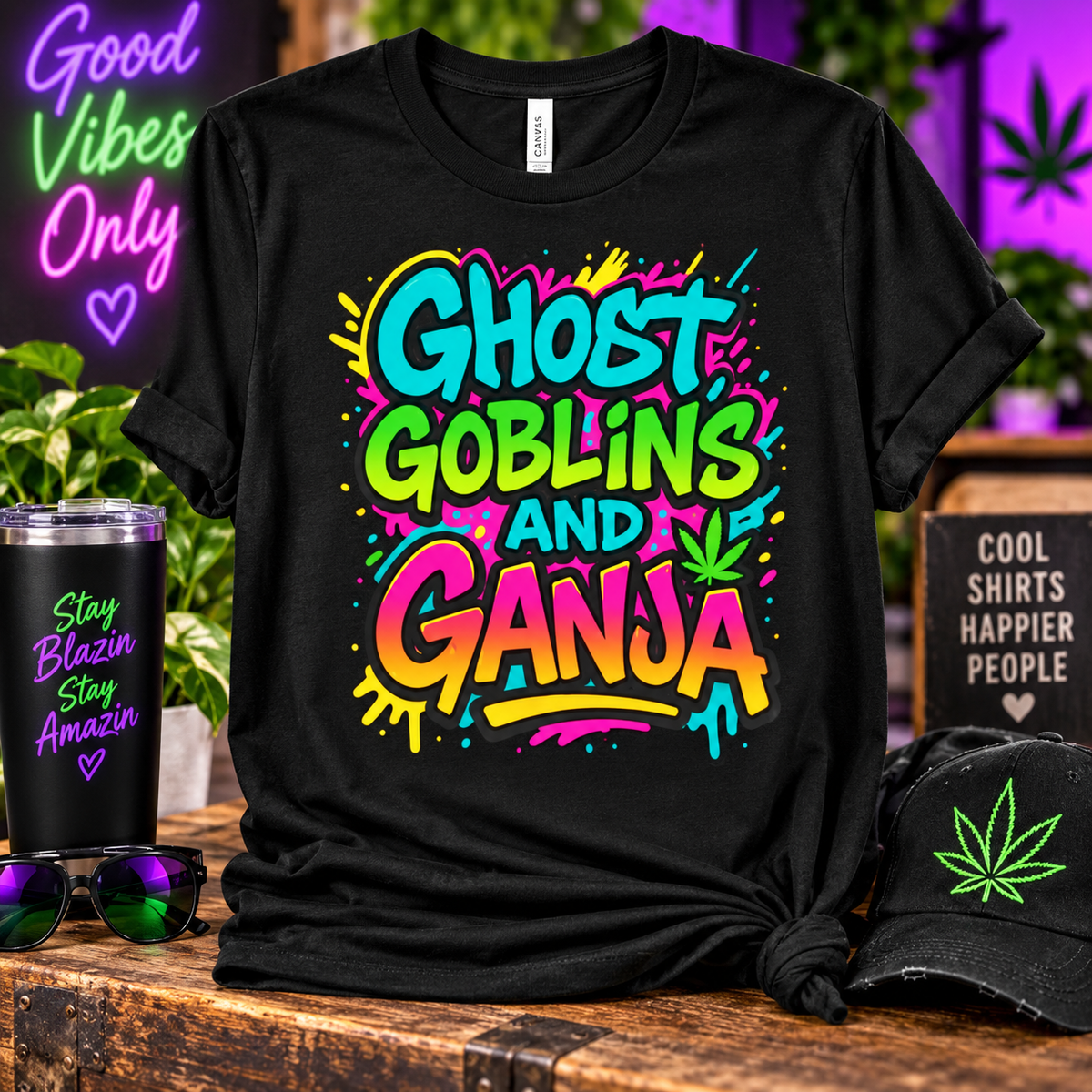 Ghost Goblins and Ganja Shirt – Funny Neon Halloween Graphic Tee – Spooky Season Adult Party T-Shirt Printify