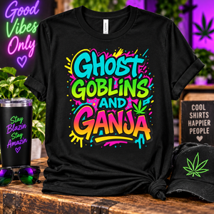 Ghost Goblins and Ganja Shirt – Funny Neon Halloween Graphic Tee – Spooky Season Adult Party T-Shirt Printify
